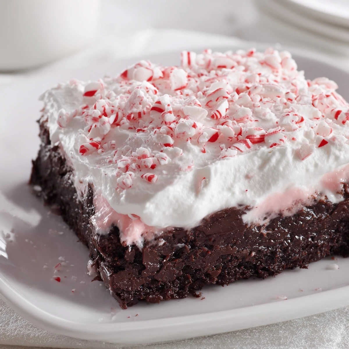 Peppermint Poke Cake chilled with whipped topping, crushed candies glistening