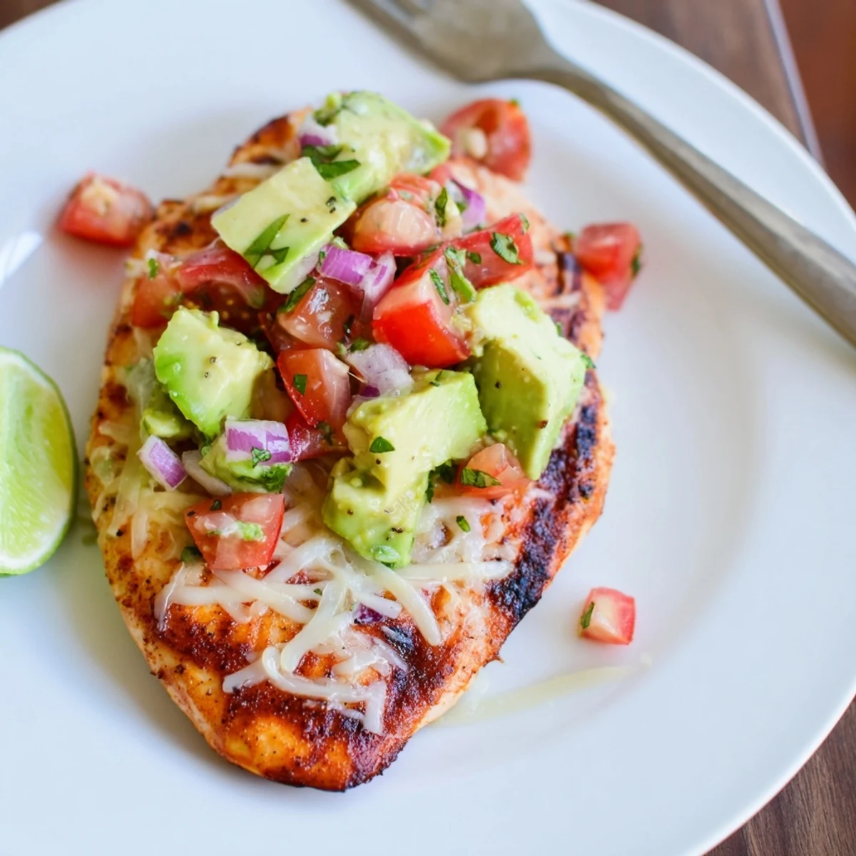 Grilled Fiesta Lime Chicken With Avocado topped with warm melted cheese, cilantro