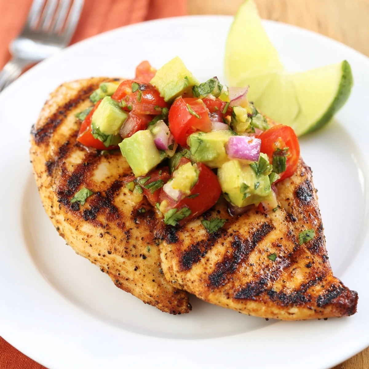 Pan-seared Fiesta Lime Chicken With Avocado served with lime wedges and salsa