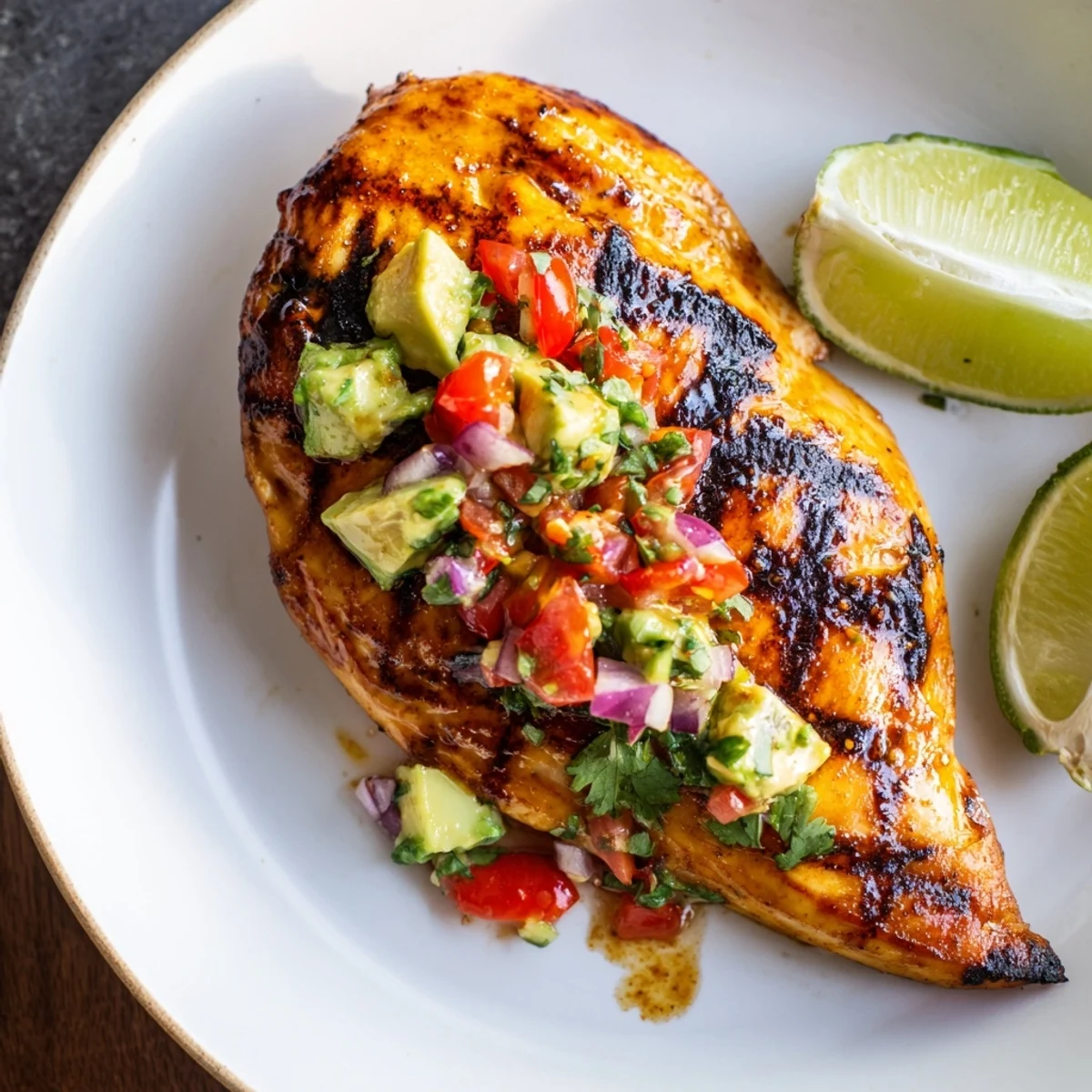 Juicy Fiesta Lime Chicken With Avocado plated over Mexican rice, zesty aroma