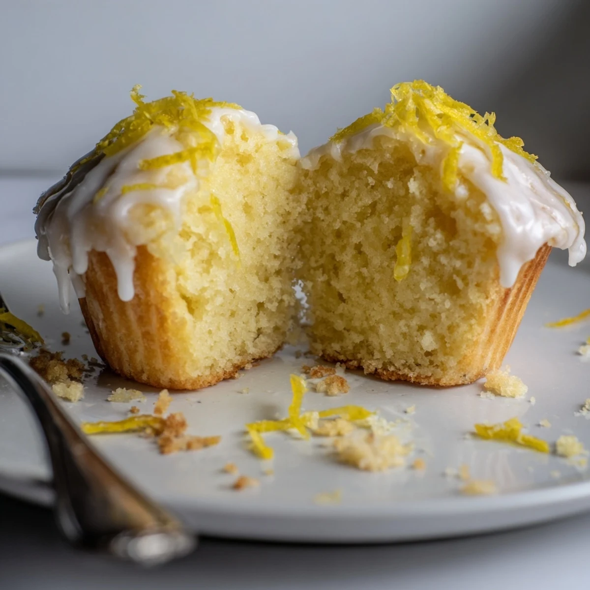 Fresh-baked Glazed Lemon Ginger Muffins dotted with zest, served with tea