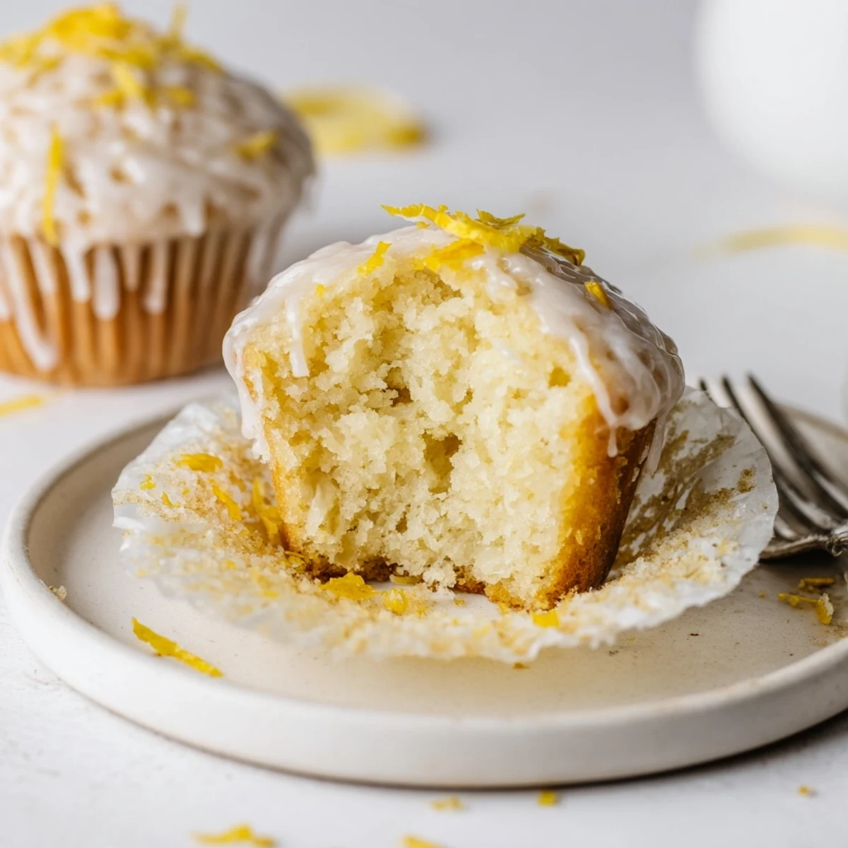 Golden-topped Glazed Lemon Ginger Muffins, sticky glaze drizzling, soft crumb revealed