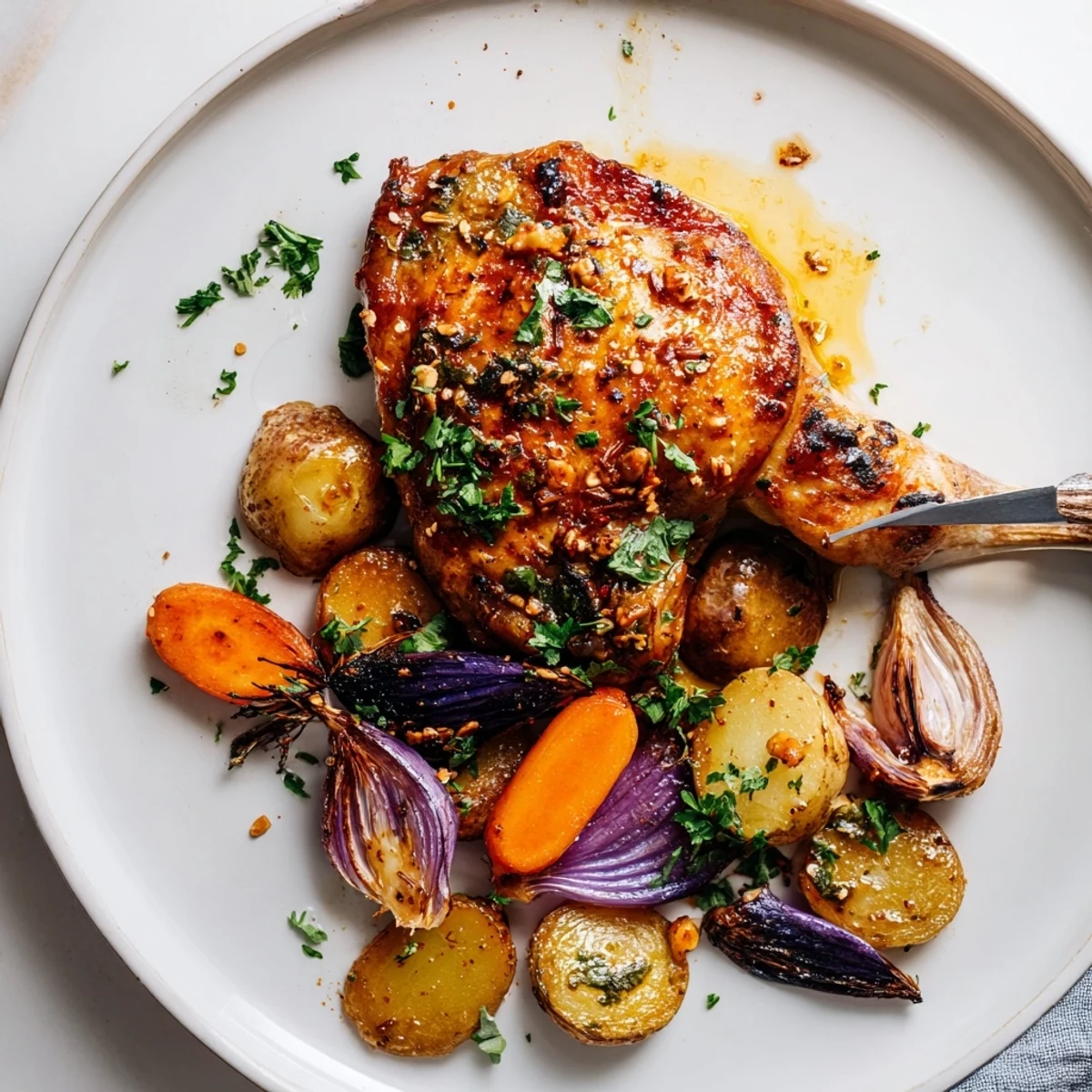 Sheet Pan Chicken And Potatoes with golden skin, herb aroma, fork-tender veggies