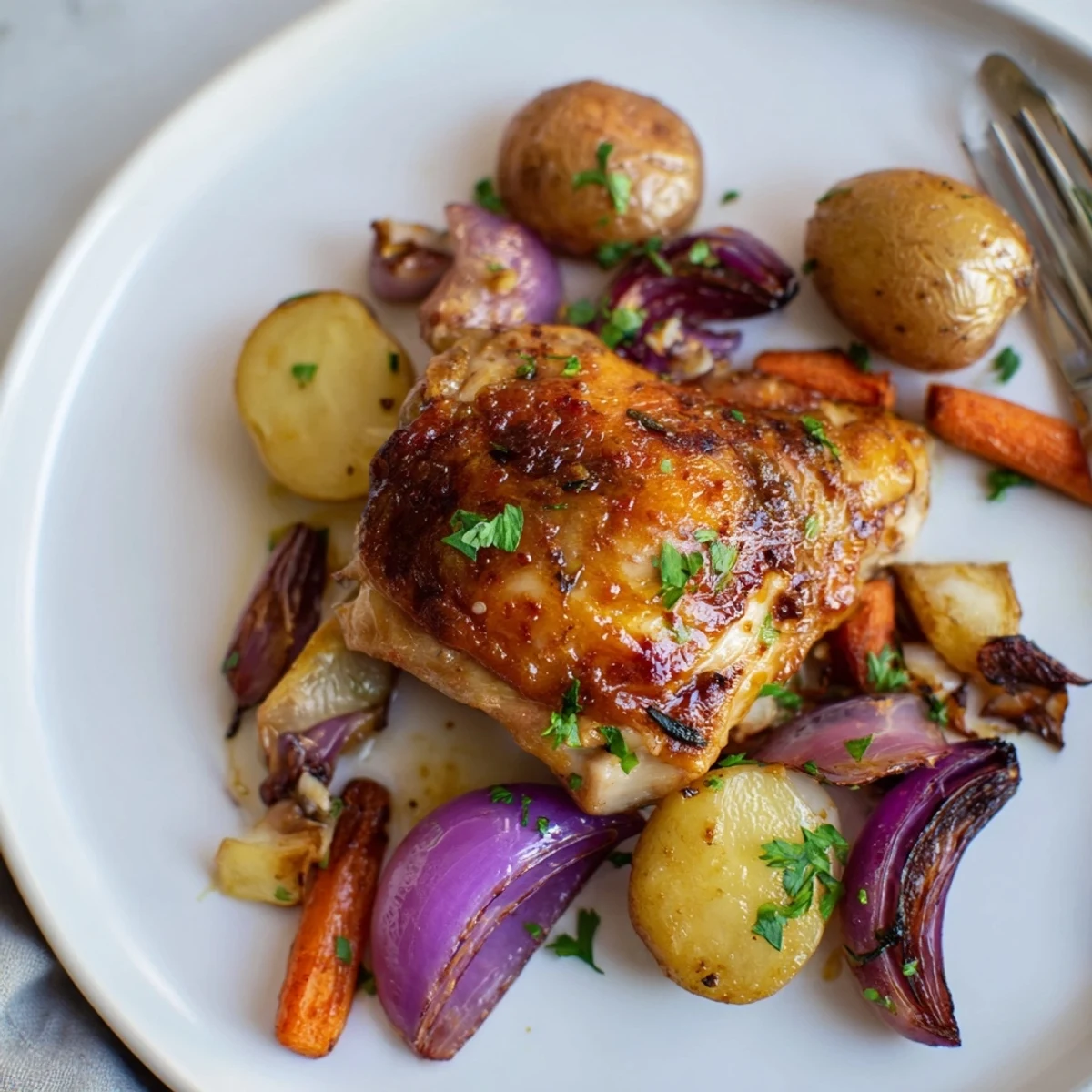 Oven-roasted Sheet Pan Chicken And Potatoes served hot, sprinkled with fresh parsley