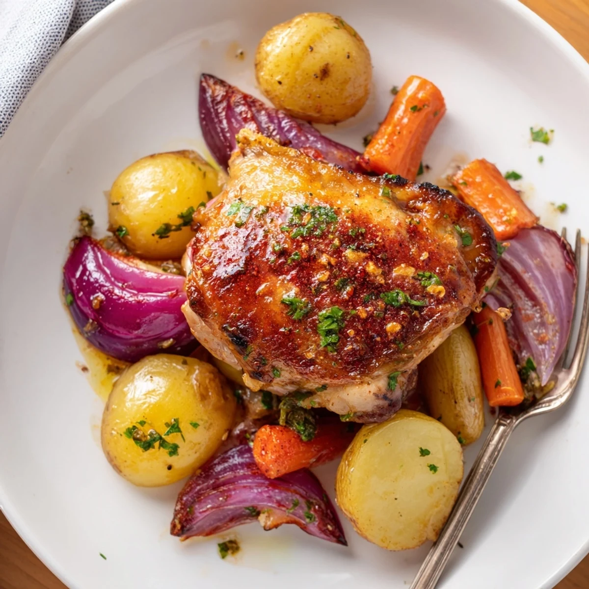 Family-style Sheet Pan Chicken And Potatoes on parchment, crispy edges, savory juices