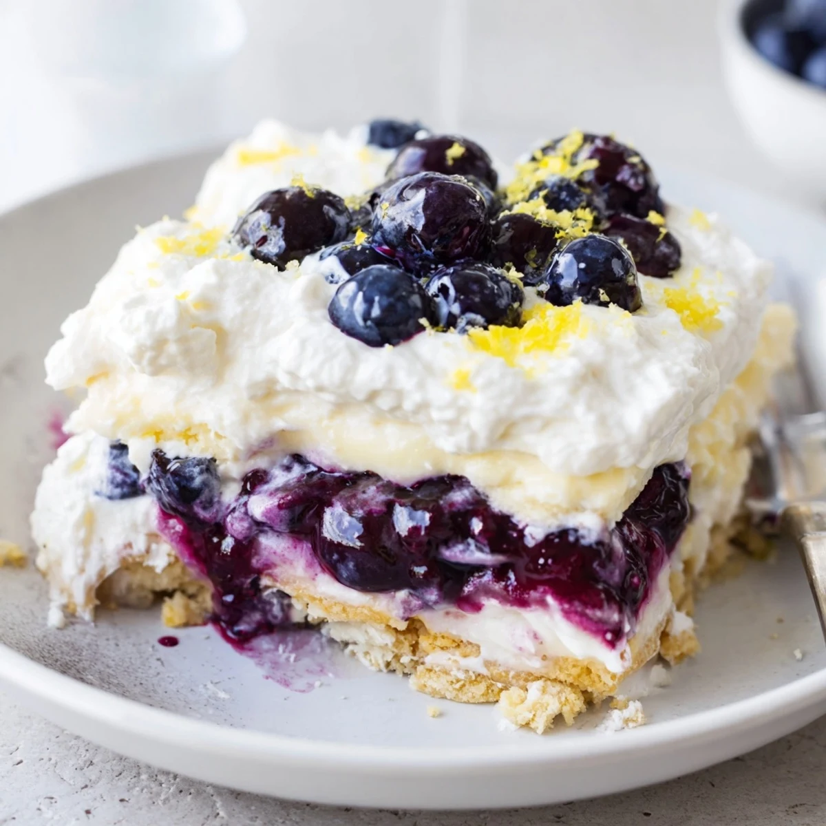 Lemon Blueberry Lasagna Recipe with creamy lemon layers and glossy blueberry topping