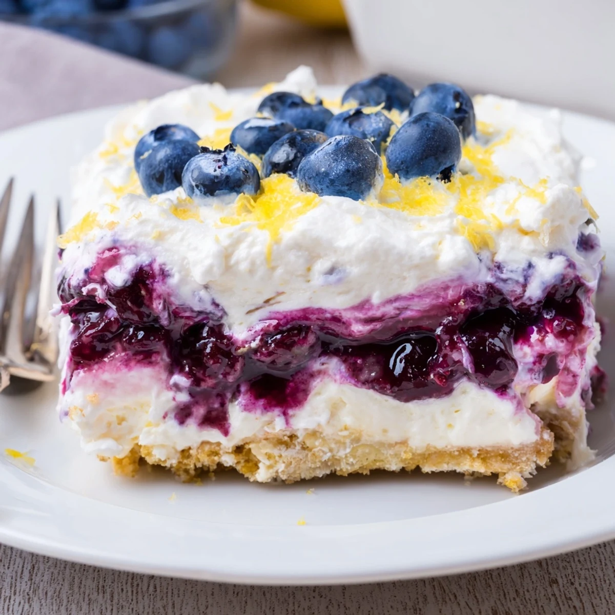 Sliced Lemon Blueberry Lasagna shows buttery crust, fluffy lemon cream, scattered blueberries