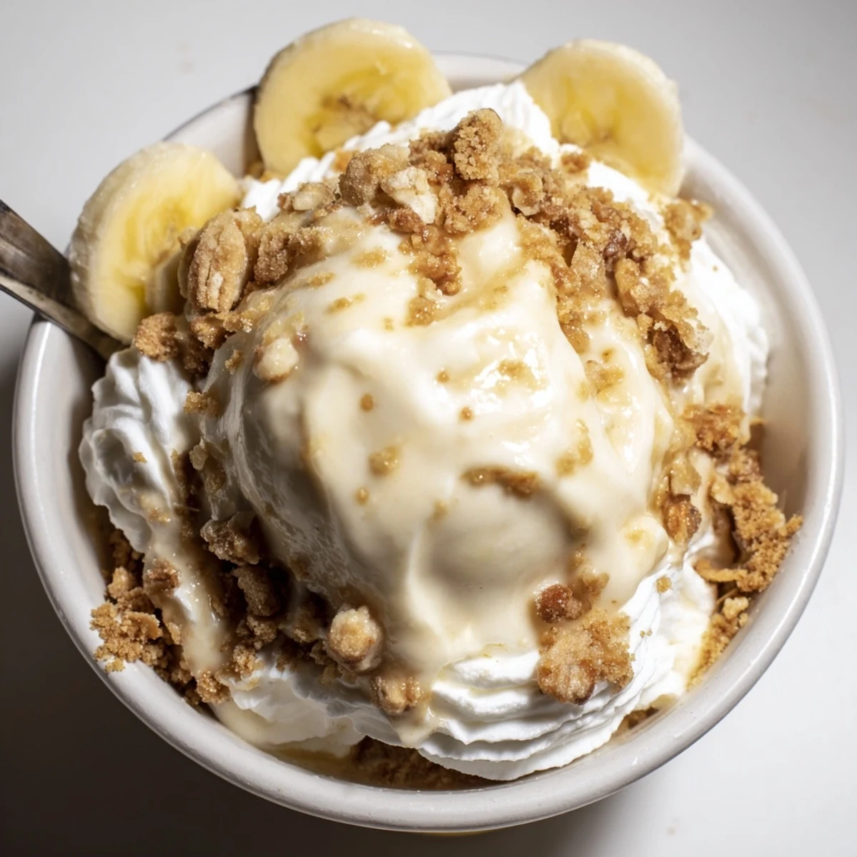 Ninja Creami Banana Cream Pie Ice Cream spooned into bowls topped with whipped cream
