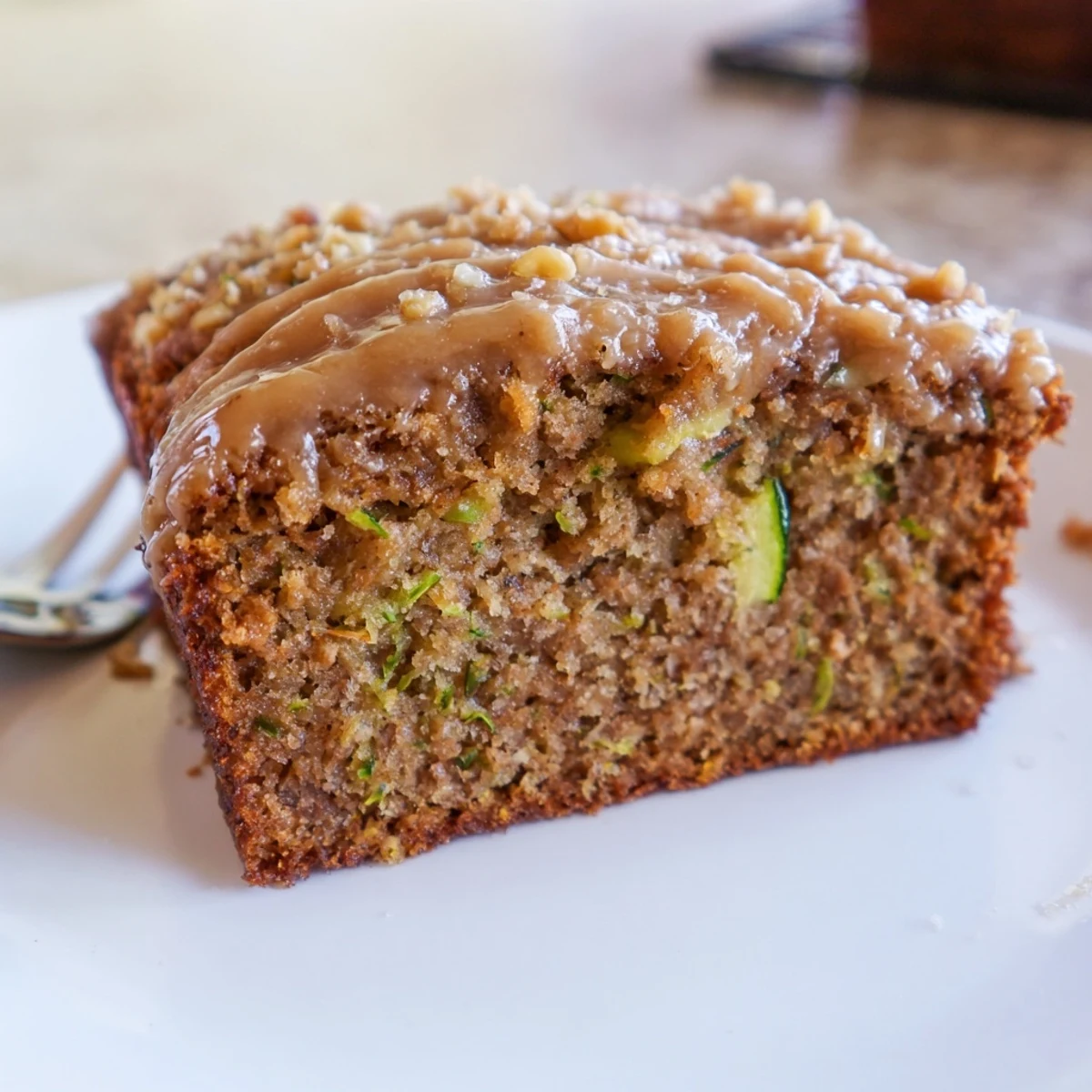 Warm slices of Zucchini Cake With Brown Sugar Icing beside steaming coffee