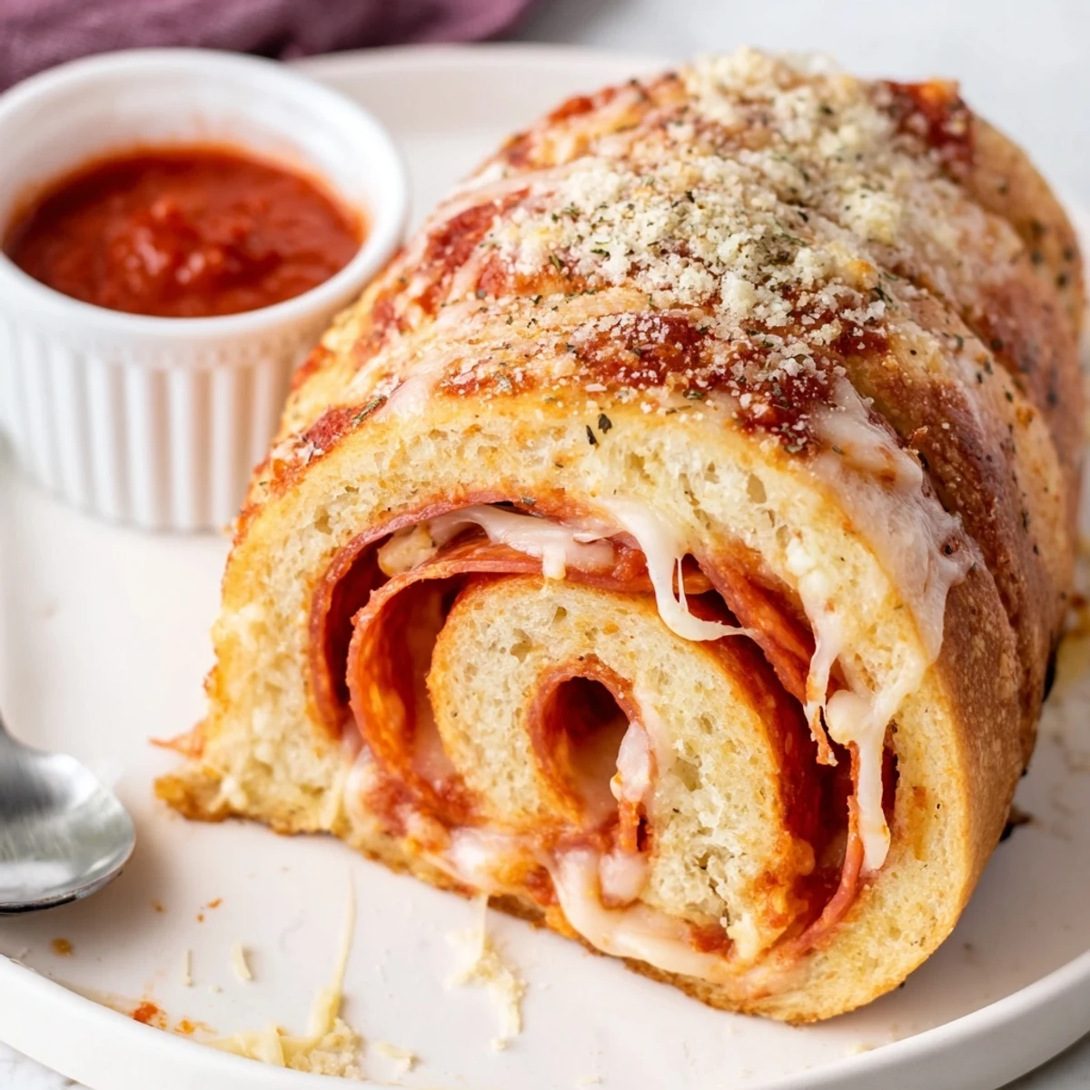 Warm Pepperoni Pizza Roll Breadsticks Recipe piled on parchment, glossy garlicky butter glaze