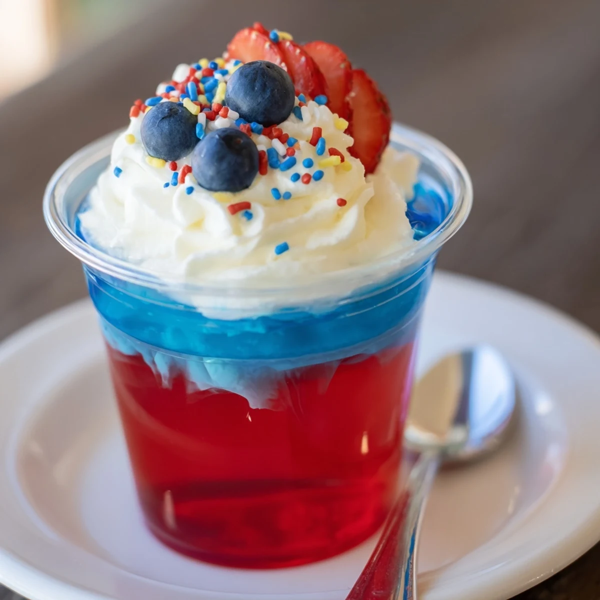 Chilled Red White And Blue Jello Cups with fresh berries and airy whipped topping.