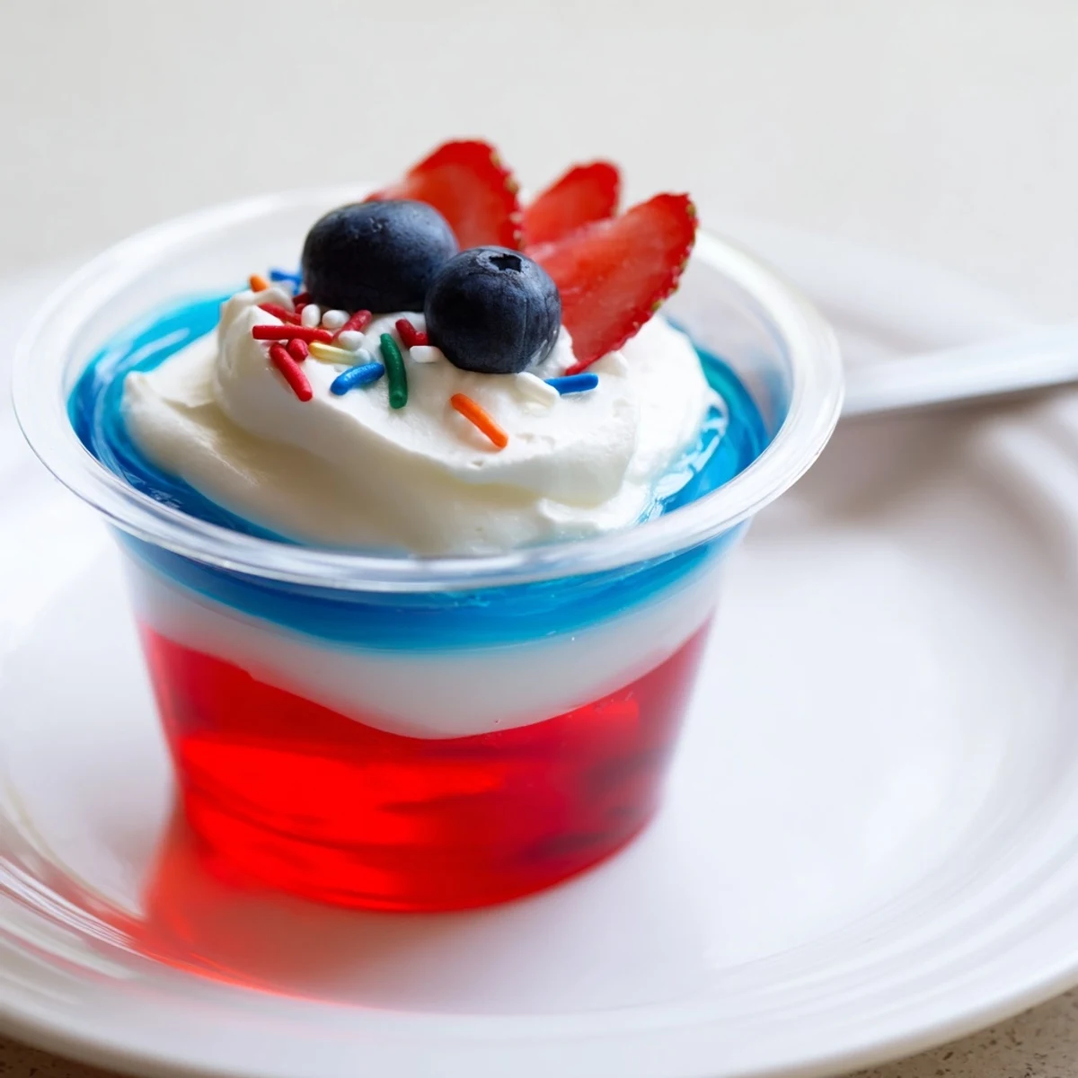Red White And Blue Jello Cups wobble with vibrant layers, perfect for summer parties.