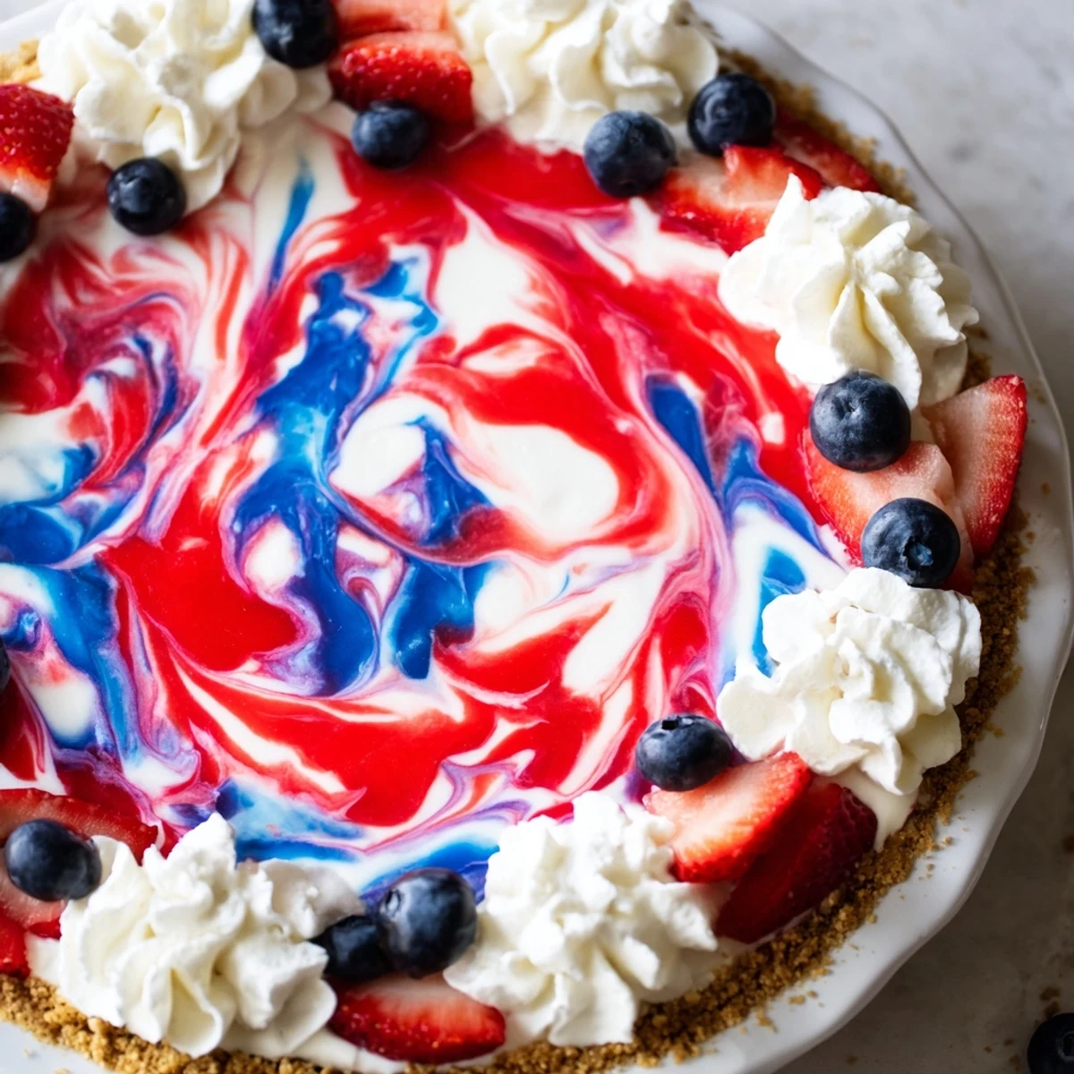 Patriotic Red White And Blue Swirl Pie with creamy filling and graham crust.