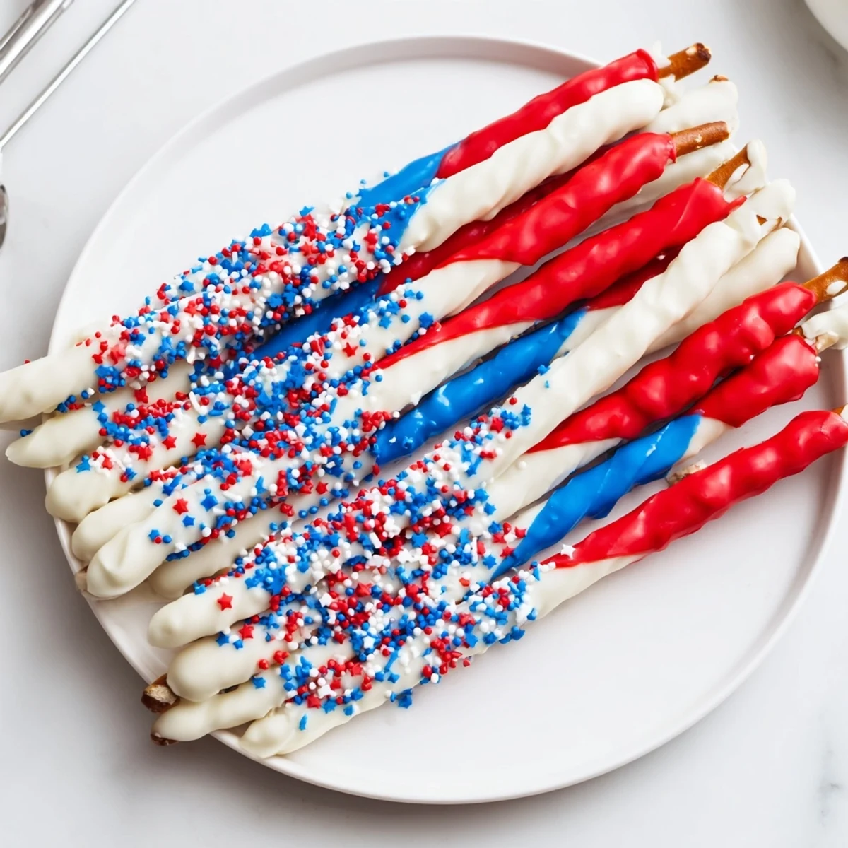 Patriotic Pretzel Rods glistening with red, white, and blue candy drizzle