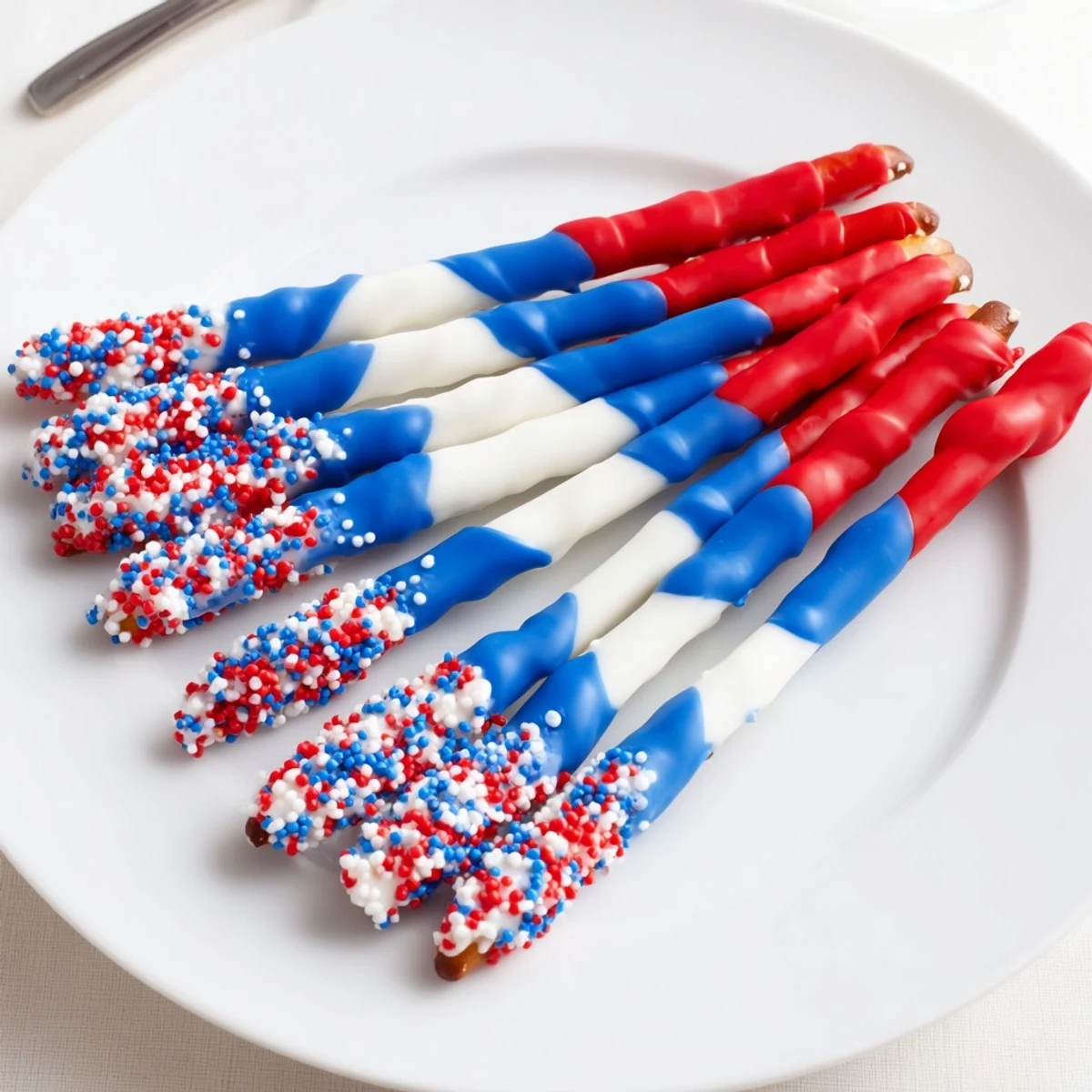 Colorful Patriotic Pretzel Rods offer crunchy salt, sweet chocolate, festive sprinkles