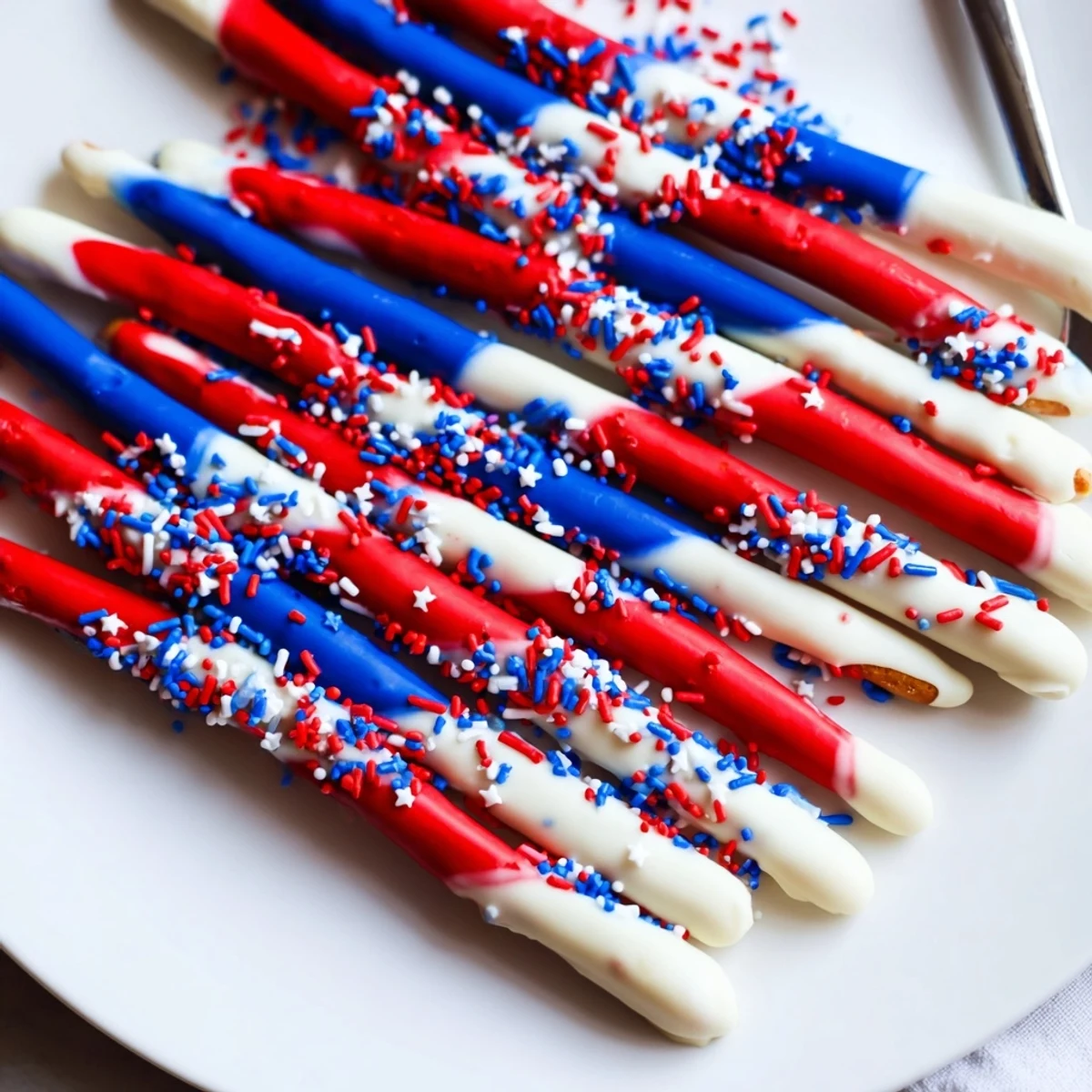 Hand-dipped Patriotic Pretzel Rods cooling on parchment, ready for gifting
