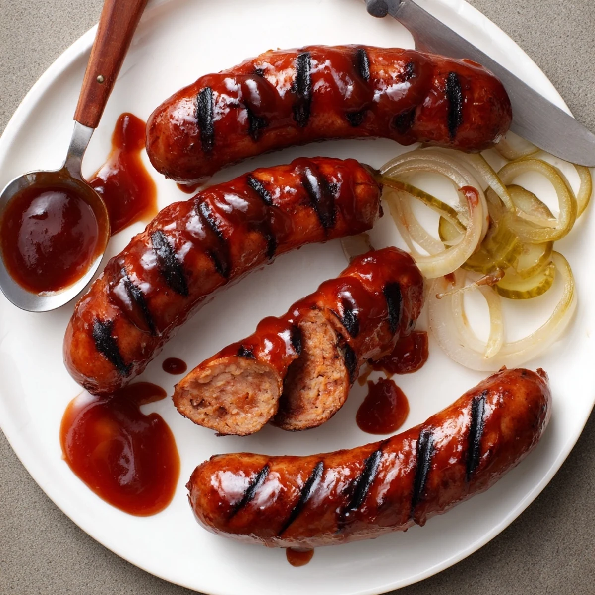 BBQ Sausage Recipe: glossy grilled links basted with tangy sauce, served with coleslaw