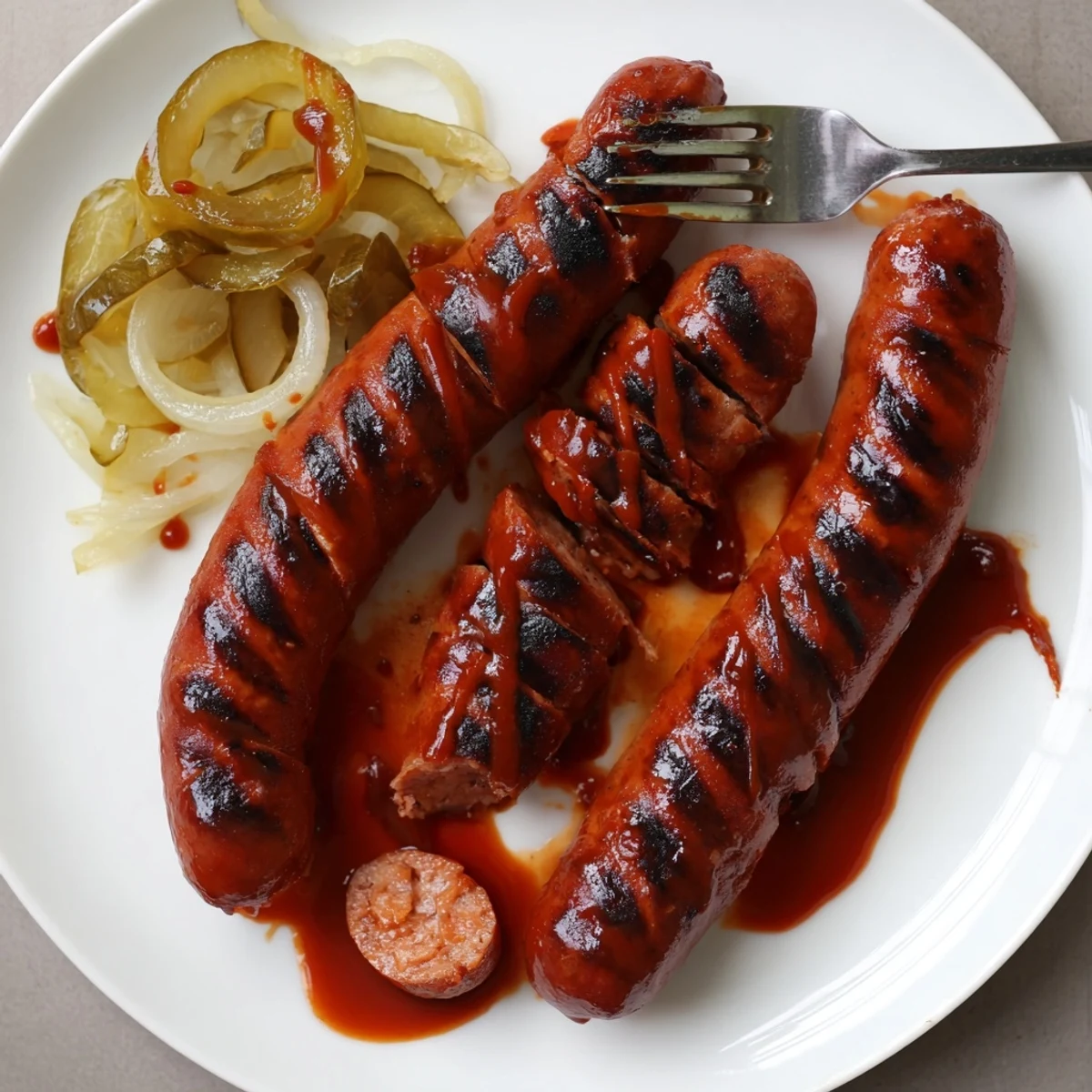 Caramelized edges and sticky glaze top buns in the BBQ Sausage Recipe