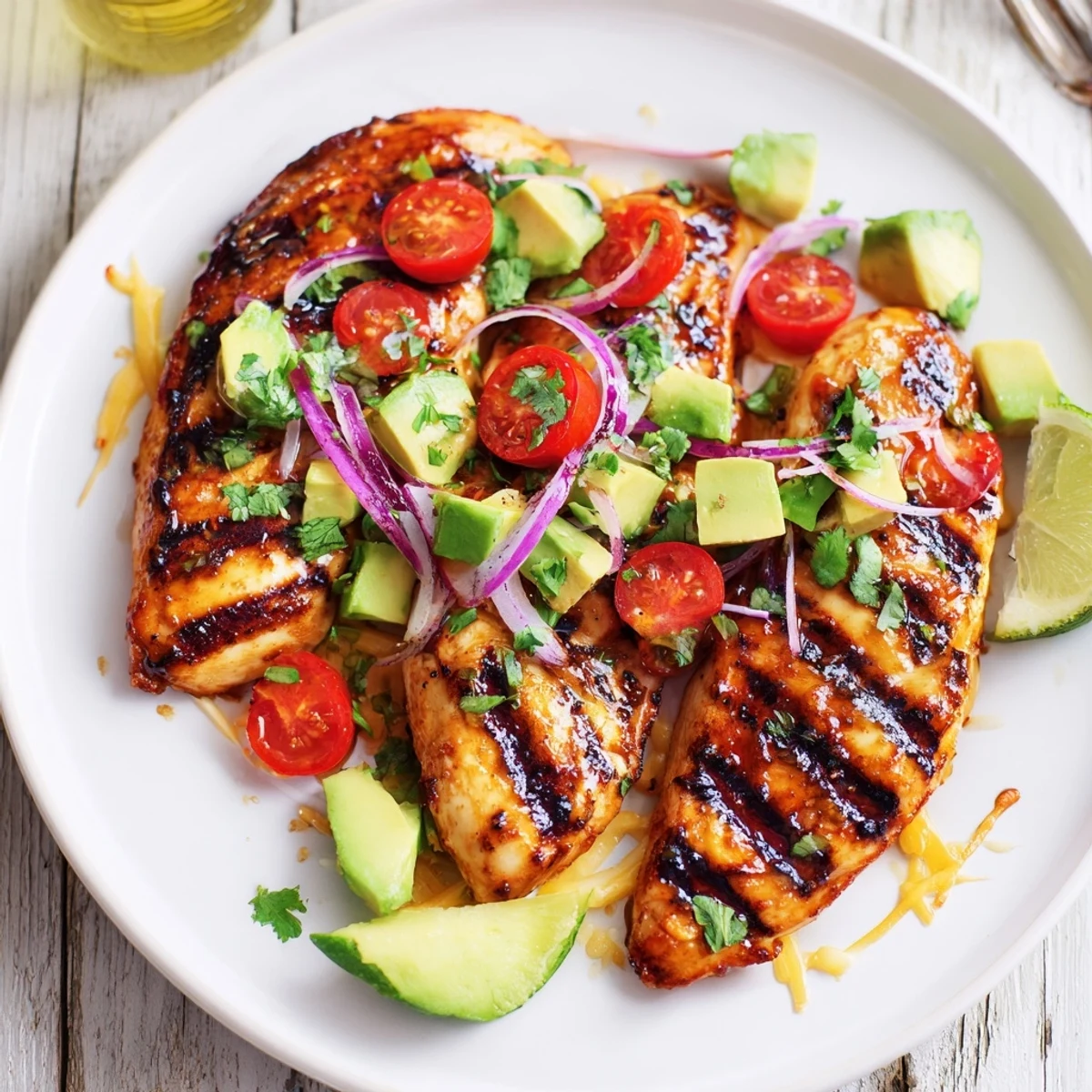 Grilled Fiesta Lime Chicken With Avocado topped with chunky tomato-cilantro salsa  