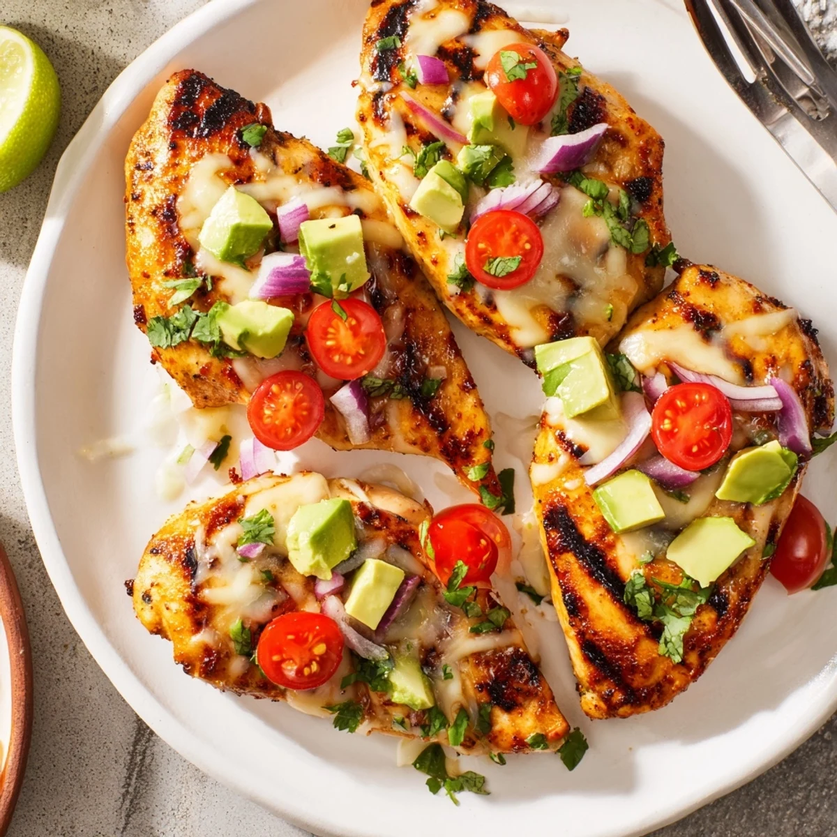 Citrus-marinated Fiesta Lime Chicken With Avocado sliced, juicy, ready for summer salads