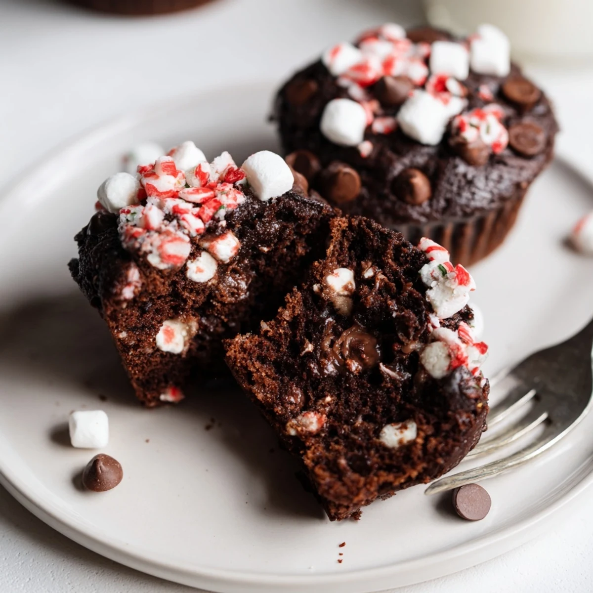 Fresh Peppermint Hot Chocolate Muffins topped with crushed peppermint, gooey marshmallow center