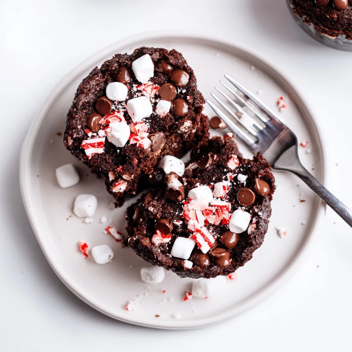 Peppermint Hot Chocolate Muffins steaming on a rack, glossy chocolate chips melting