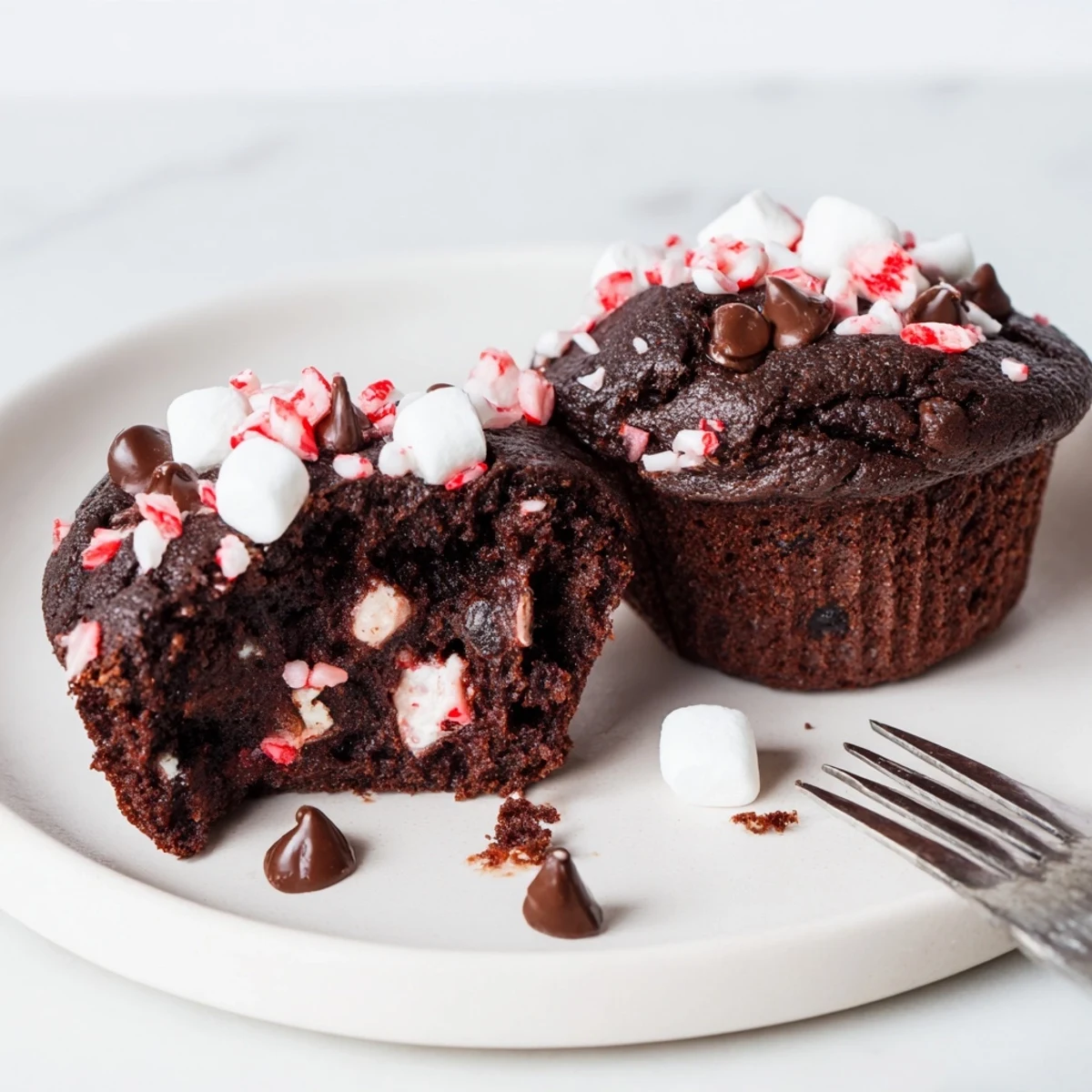 Warm Peppermint Hot Chocolate Muffins served with whipped cream for cozy winter sipping