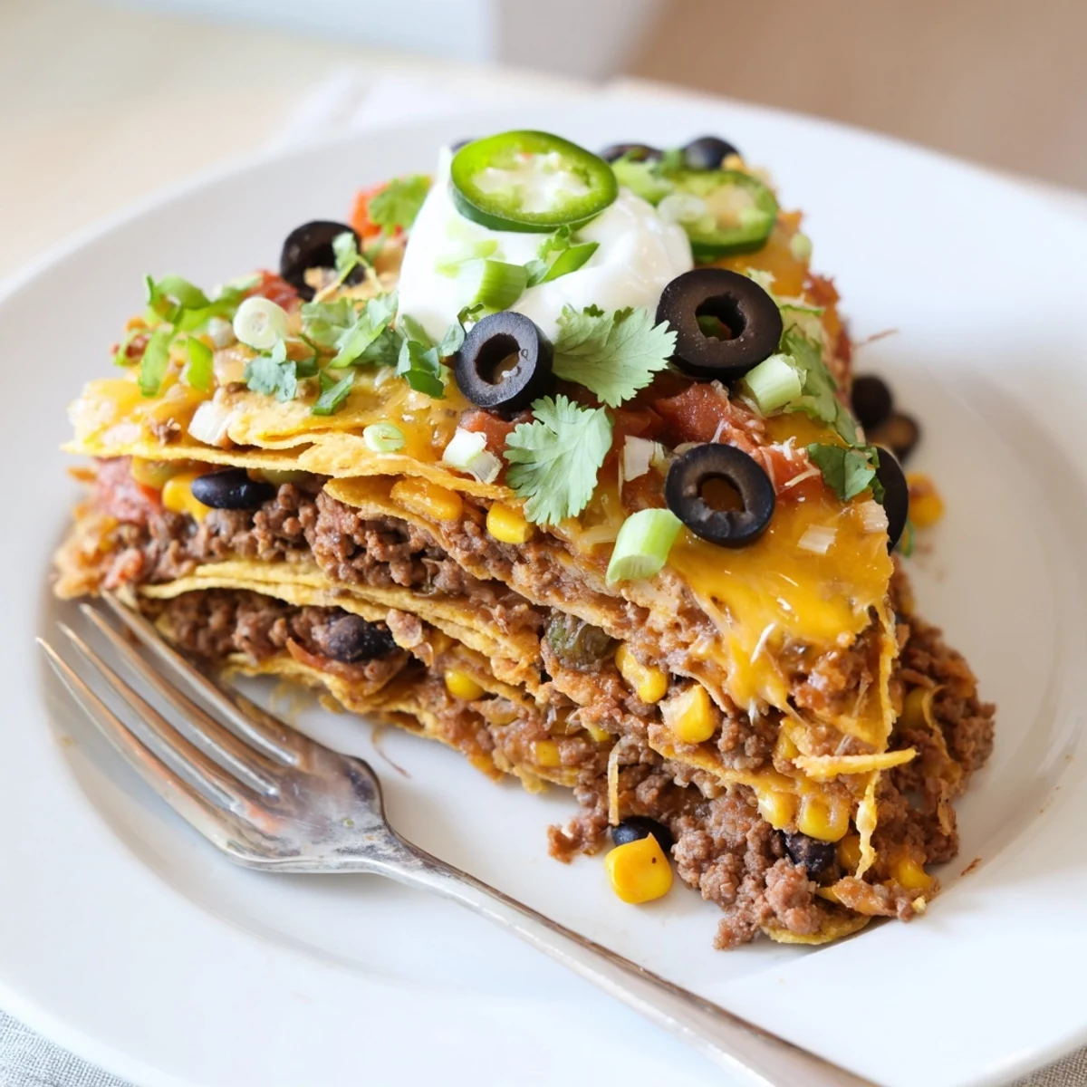 Cheesy Nacho Casserole bubbling with golden cheese, crispy chips, ready to serve.