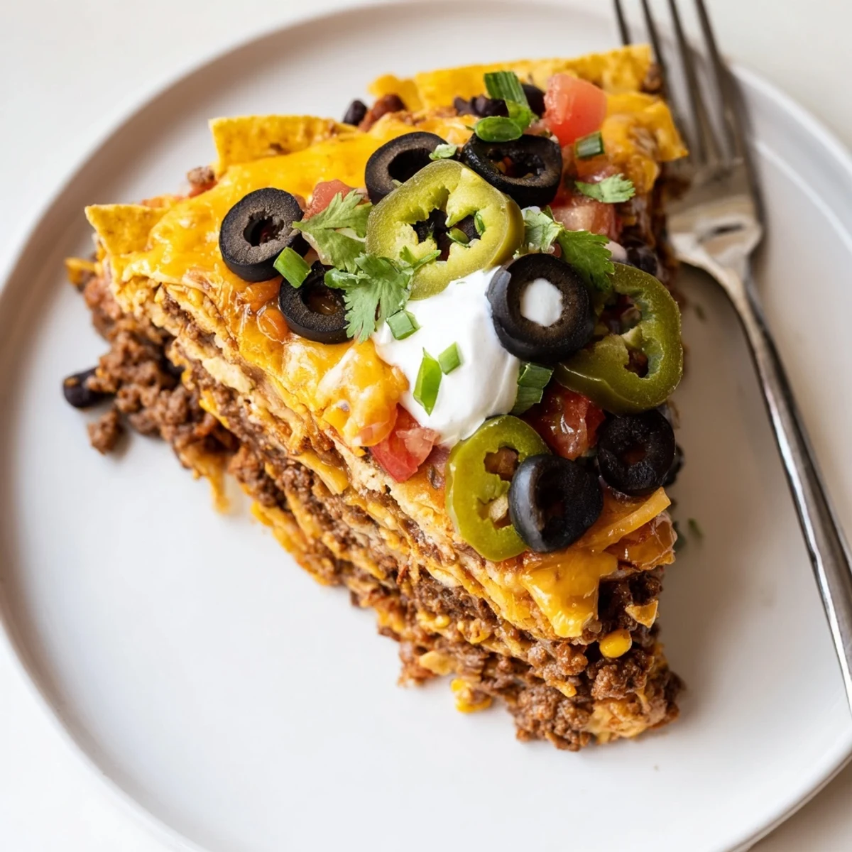 Warm Cheesy Nacho Casserole layered with seasoned beef, tangy salsa, fresh cilantro.