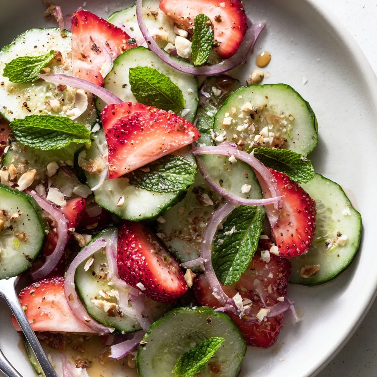 Cucumber Strawberry Salad Recipe with crisp cucumbers, sweet strawberries, mint, light dressing.