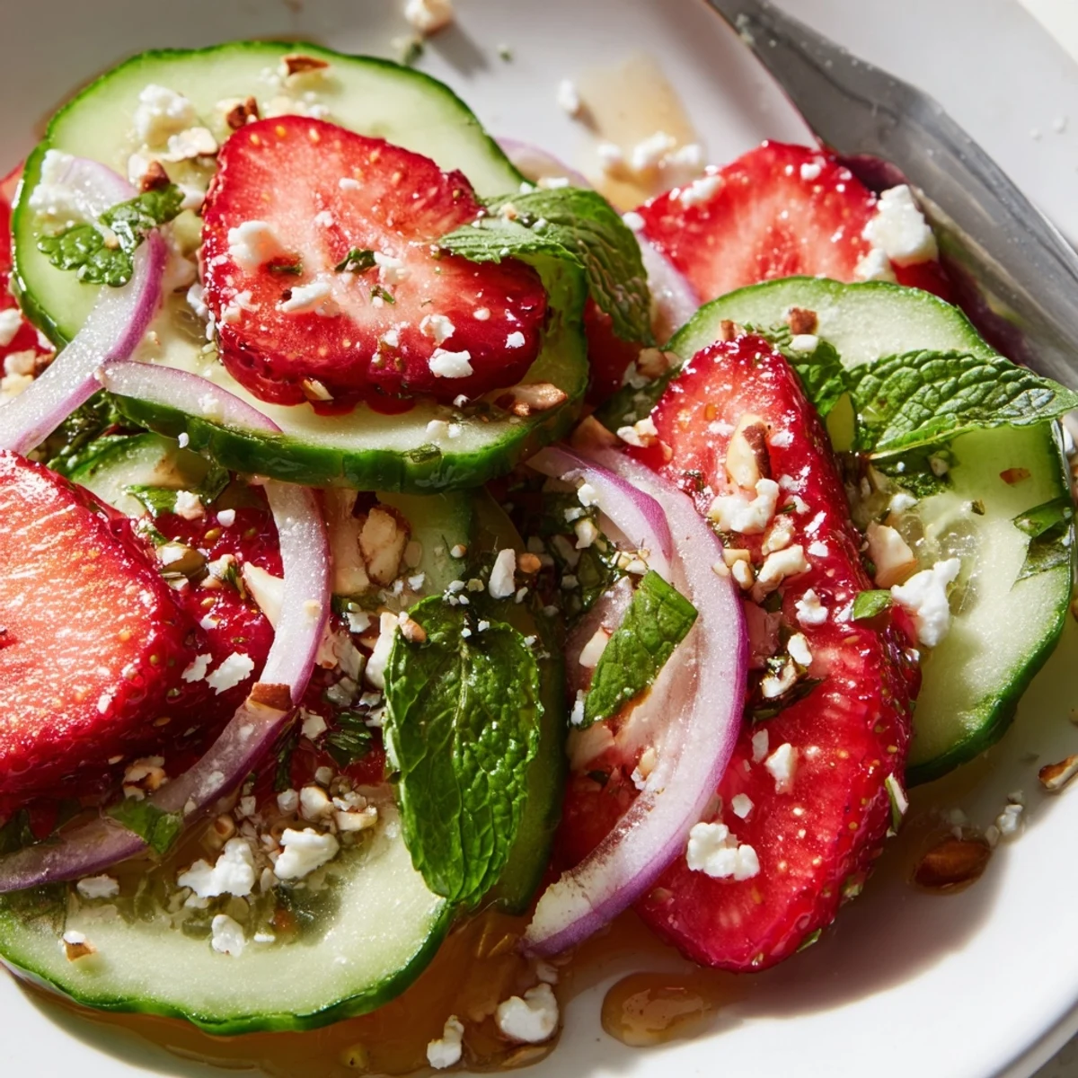 Bright Cucumber Strawberry Salad Recipe tossed in tangy balsamic-honey dressing, served chilled.