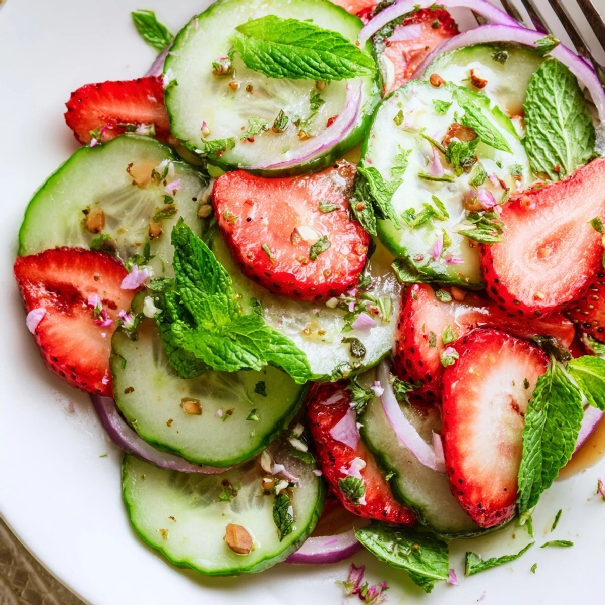 Summer-ready Cucumber Strawberry Salad Recipe garnished with feta and toasted almonds.