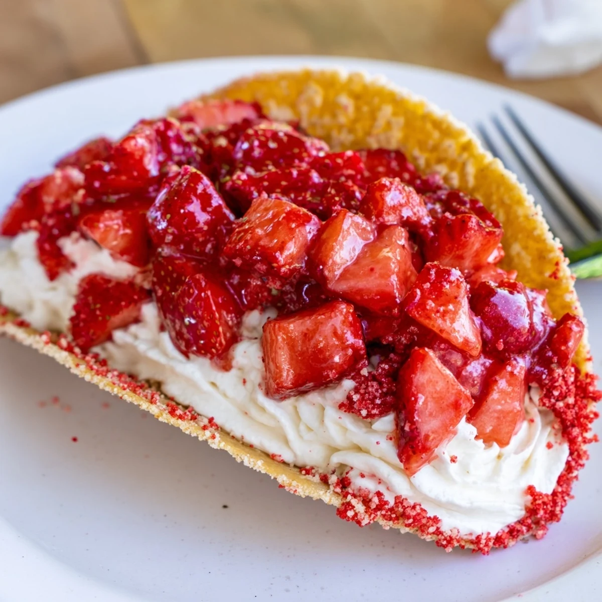 Creamy Strawberry Crunch Cheesecake Tacos piped into cinnamon sugar taco shells