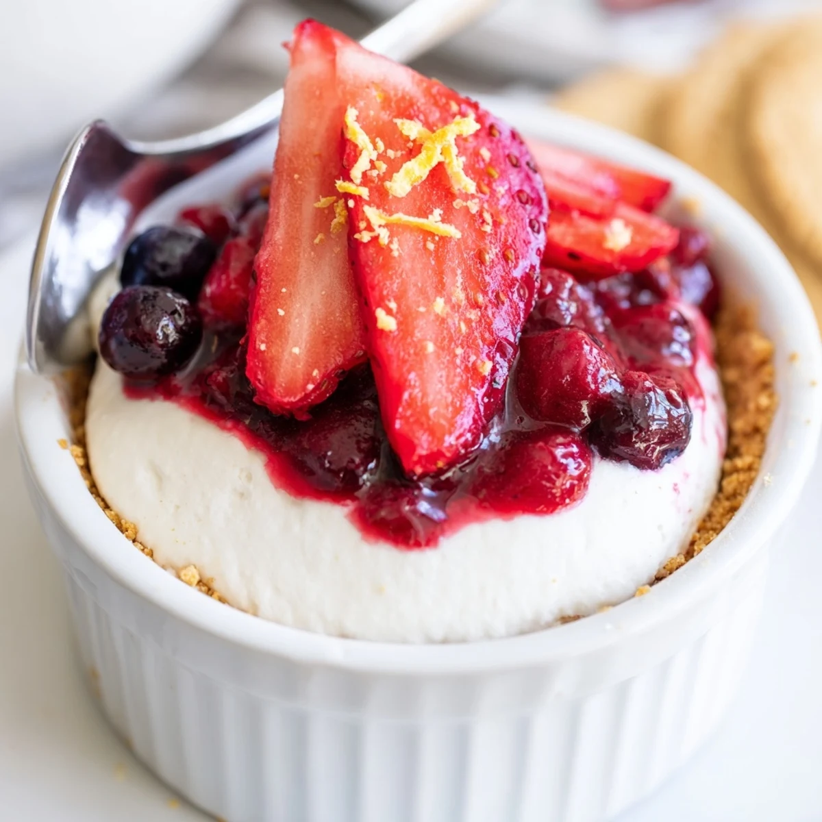 Berry No Bake Cheesecakes with glossy berry compote, chilled in ramekins.