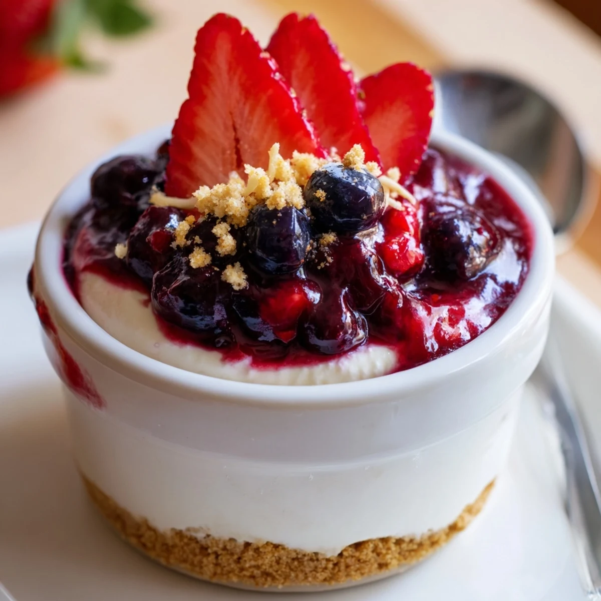 Individual Berry No Bake Cheesecakes layered over crunchy graham crust, refreshing.