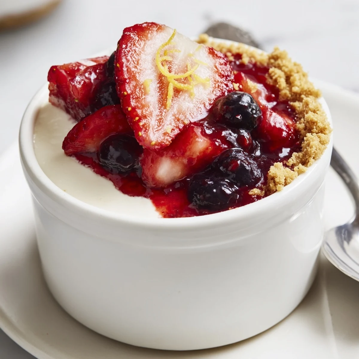 Served cold, Berry No Bake Cheesecakes topped with juicy mixed berries.