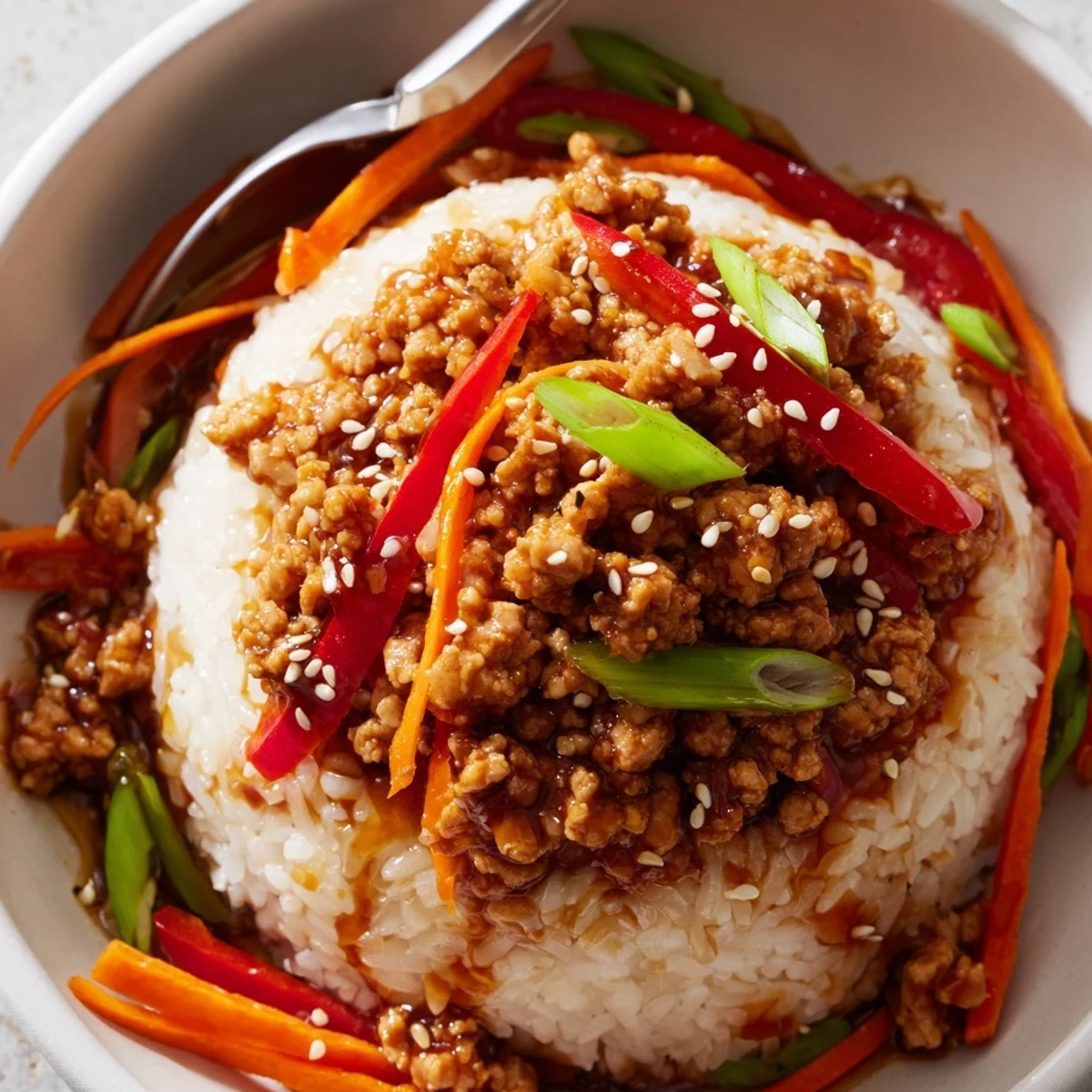 Teriyaki Turkey Rice Bowls with glossy brown sauce over fluffy jasmine rice