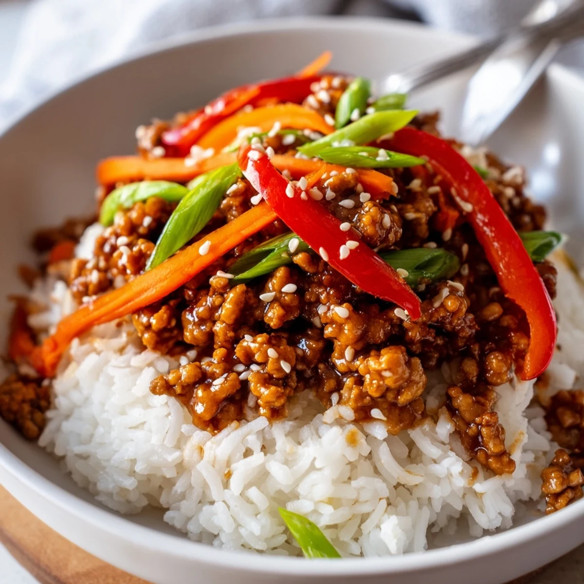 Steaming Teriyaki Turkey Rice Bowls topped with sesame seeds and sliced scallions
