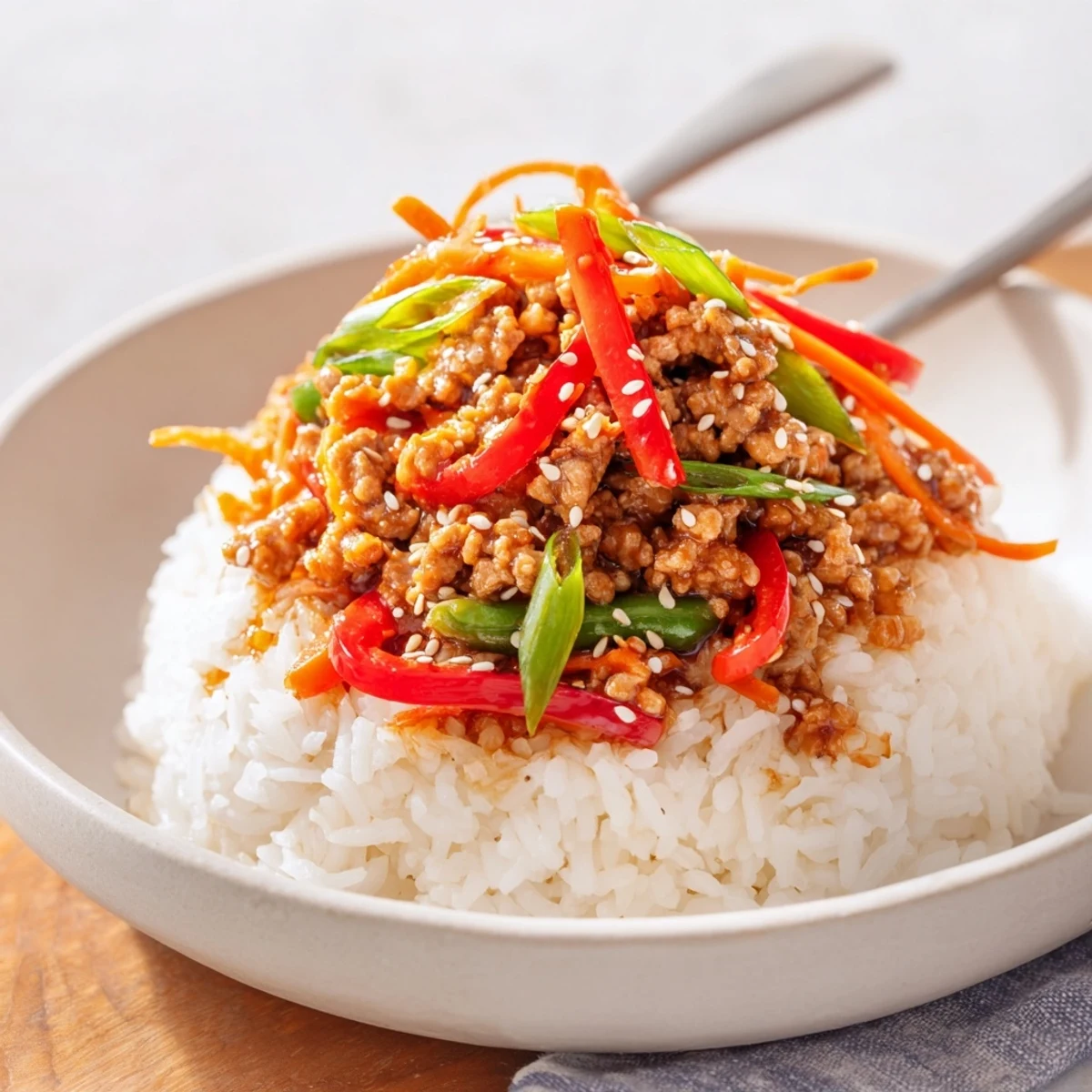 Bright Teriyaki Turkey Rice Bowls piled with tender turkey, crisp vegetables, sriracha drizzle