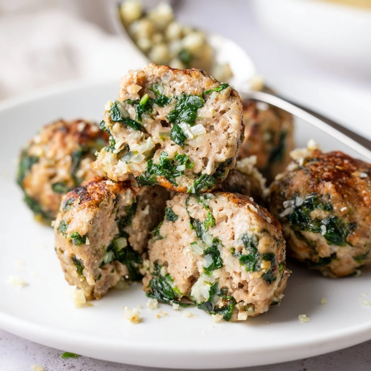 Low Carb Spinach Chicken Meatballs glistening golden-brown, served over cauliflower rice.