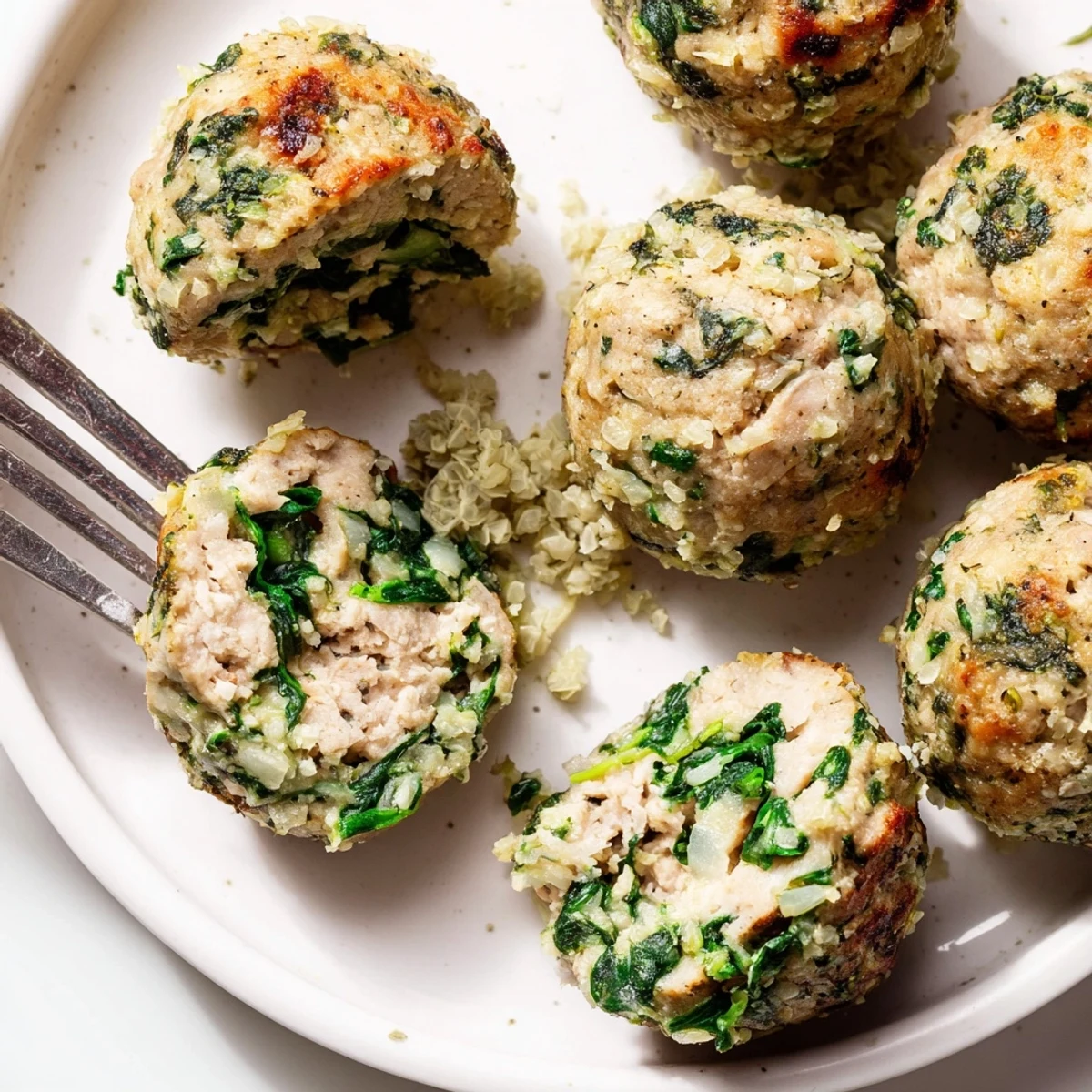 Tender Low Carb Spinach Chicken Meatballs nestled in low-carb marinara, sprinkled parsley.