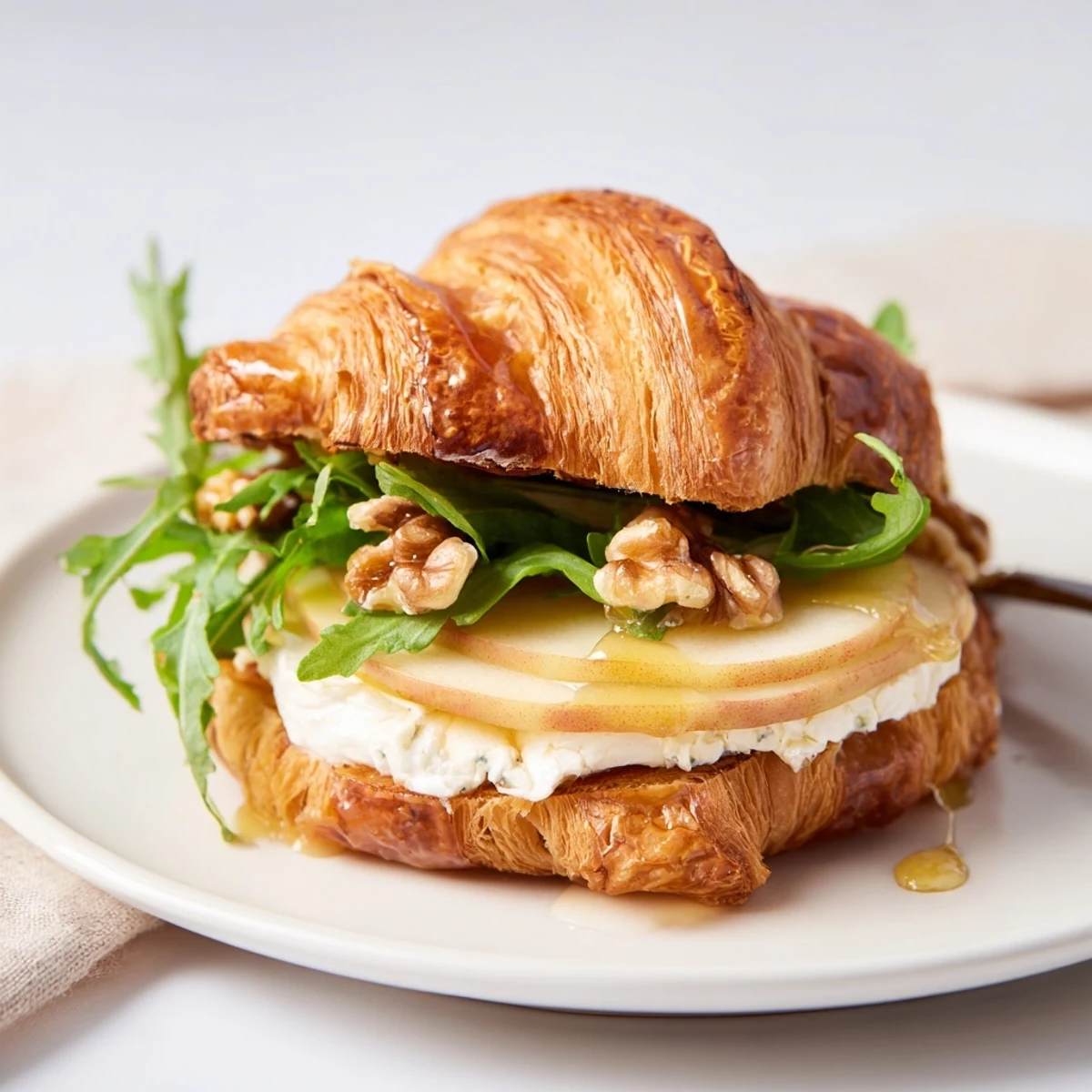 Apple Goat Cheese Croissant Sandwich with crisp apple slices and peppered arugula.