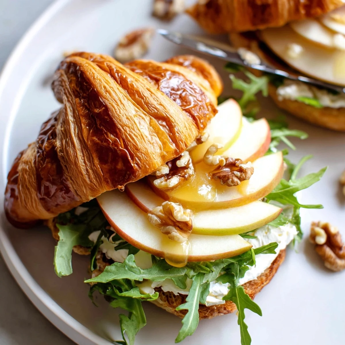 Golden Apple Goat Cheese Croissant Sandwich drizzled with honey and crunchy walnuts.