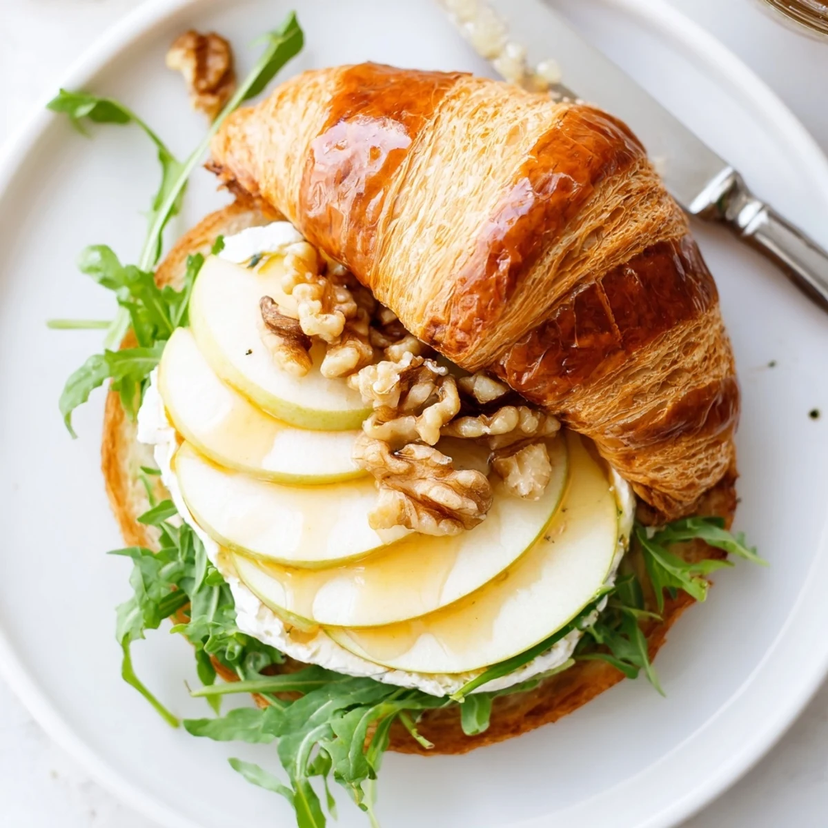 Fresh Apple Goat Cheese Croissant Sandwich served open faced on a bright brunch plate.