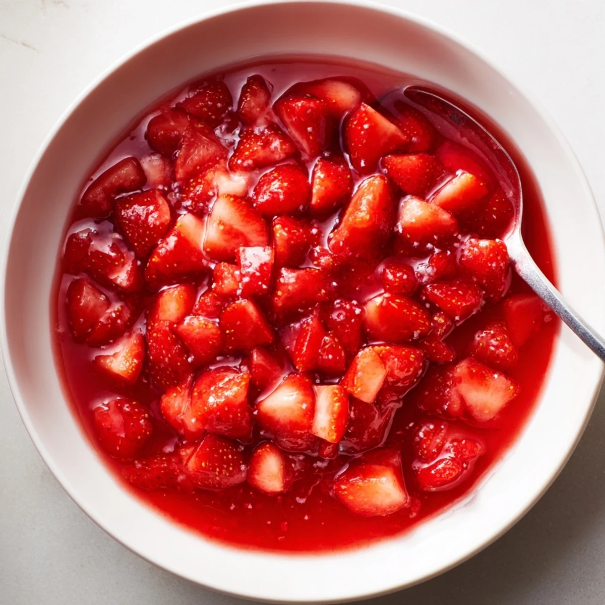 Stirred-warm Strawberry Cake Filling Recipe steaming slightly, sweet-tart berries and syrupy sheen
