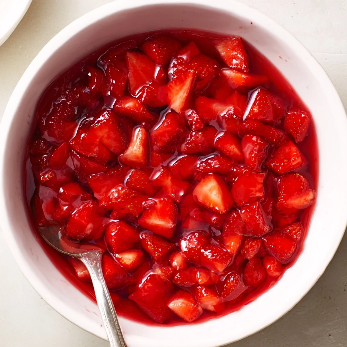 A spoon dips into Strawberry Cake Filling Recipe, glossy and bursting with strawberry flavor