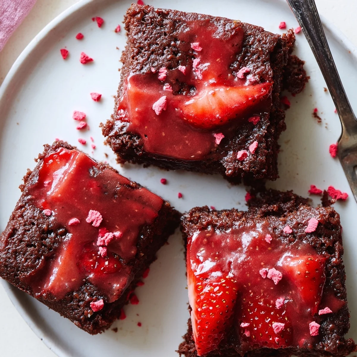 Strawberry Brownies Recipe: fudgy squares glazed pink, served with fresh strawberries.