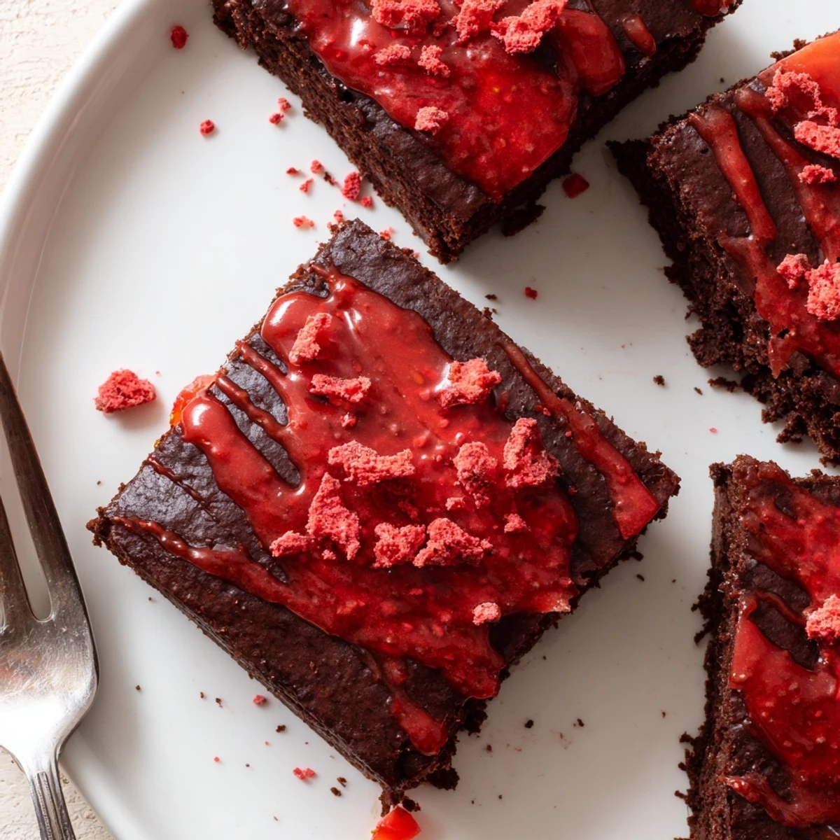 A close-up of Strawberry Brownies Recipe showing glossy strawberry glaze and crumbs.