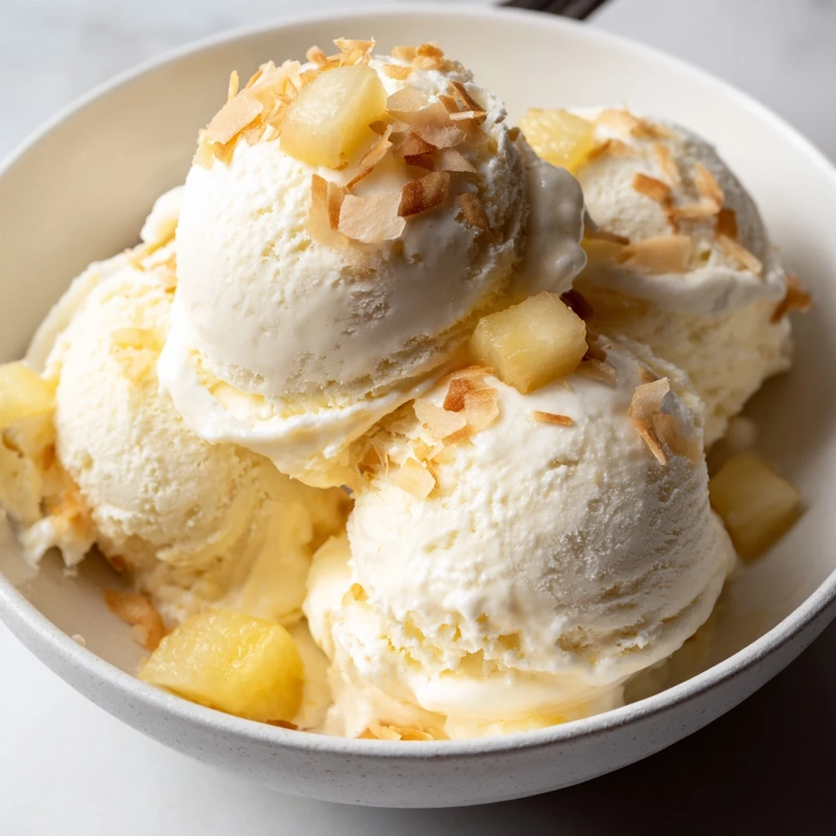Creamy Pineapple Ice Cream scoops melting slightly, bright tropical aroma, chilled
