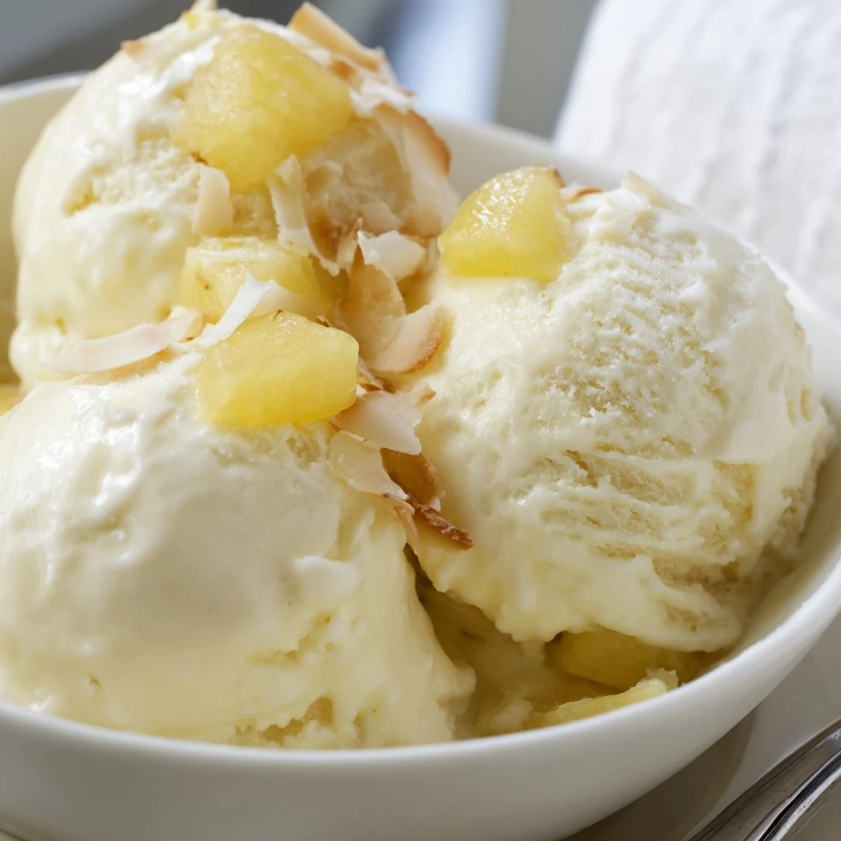 Homemade Creamy Pineapple Ice Cream served in a waffle cone, tangy finish